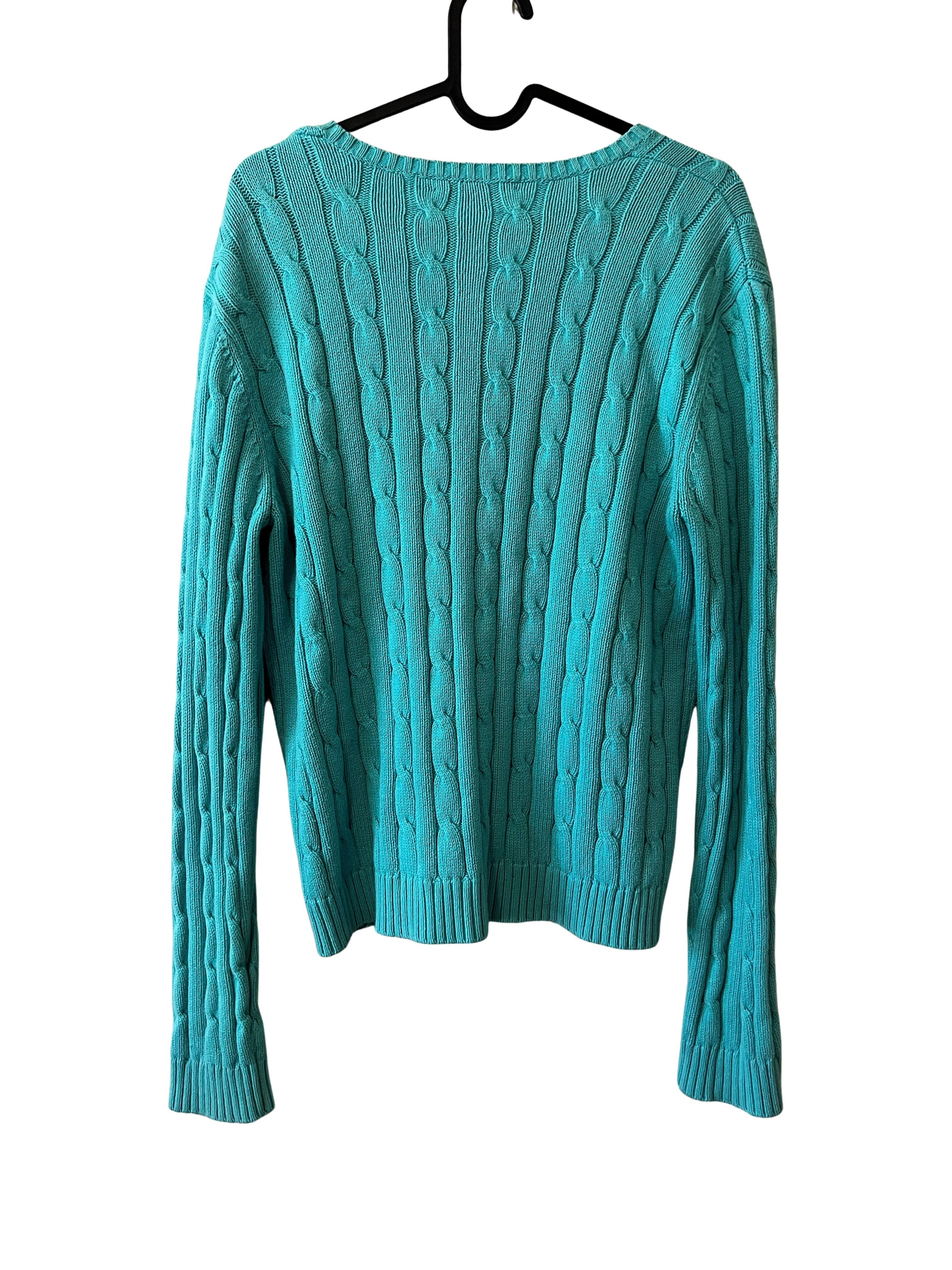Chaps Teal Cable Knit V-Neck Sweater Women's Size L 100% Cotton