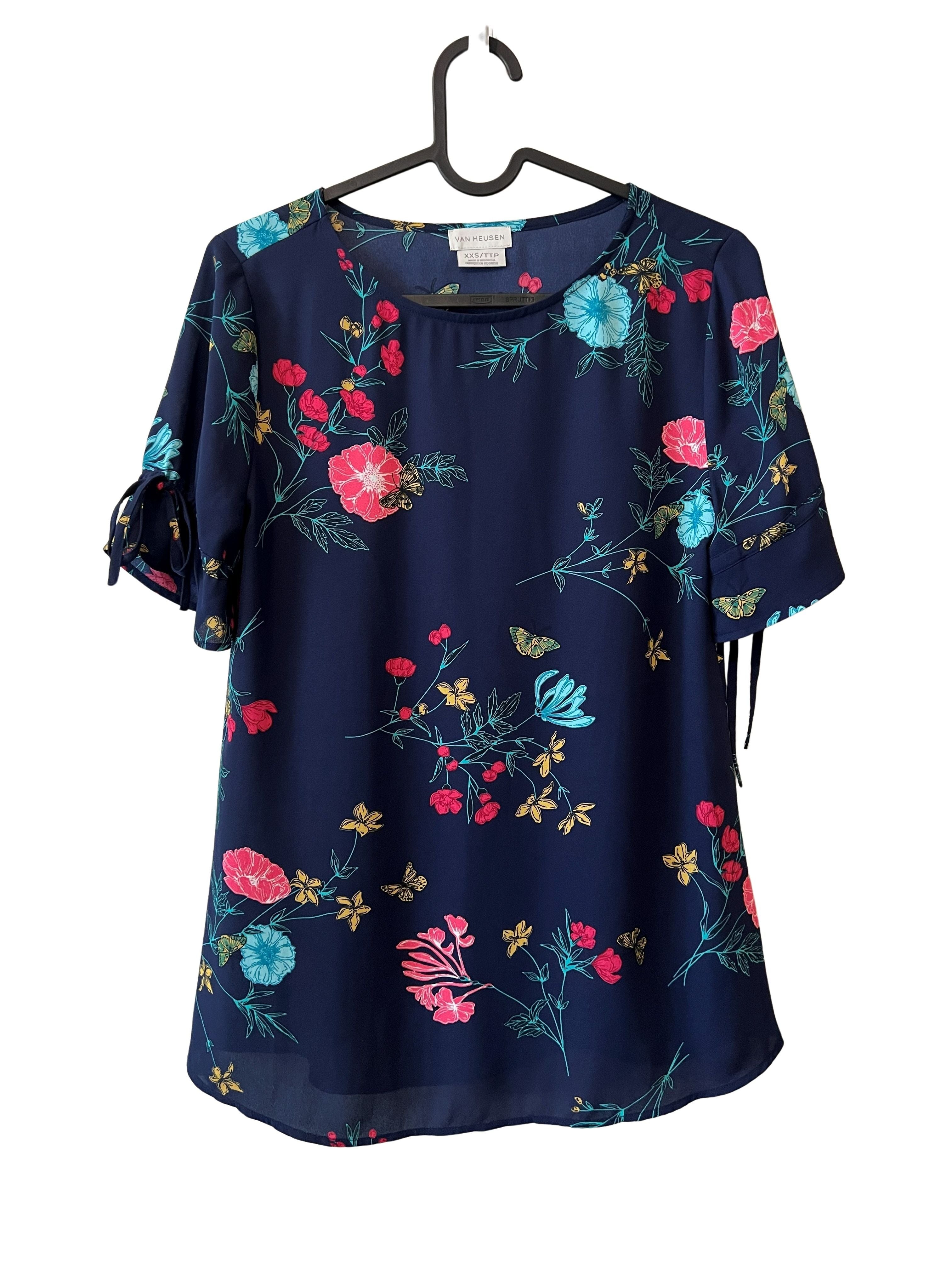 Van Heusen Women's XXS Navy Floral Bell Sleeve Blouse
