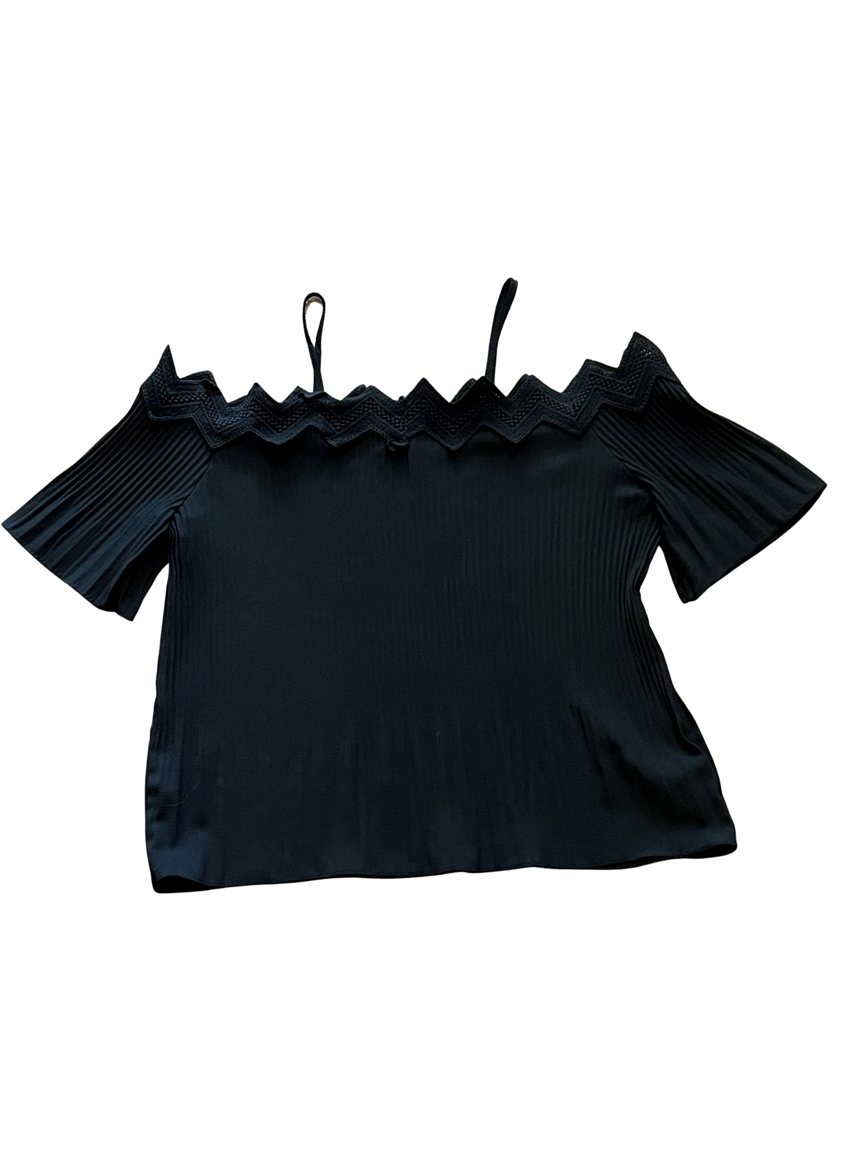 Black Crinkle Top with Crochet Zigzag Trim and Tie Straps