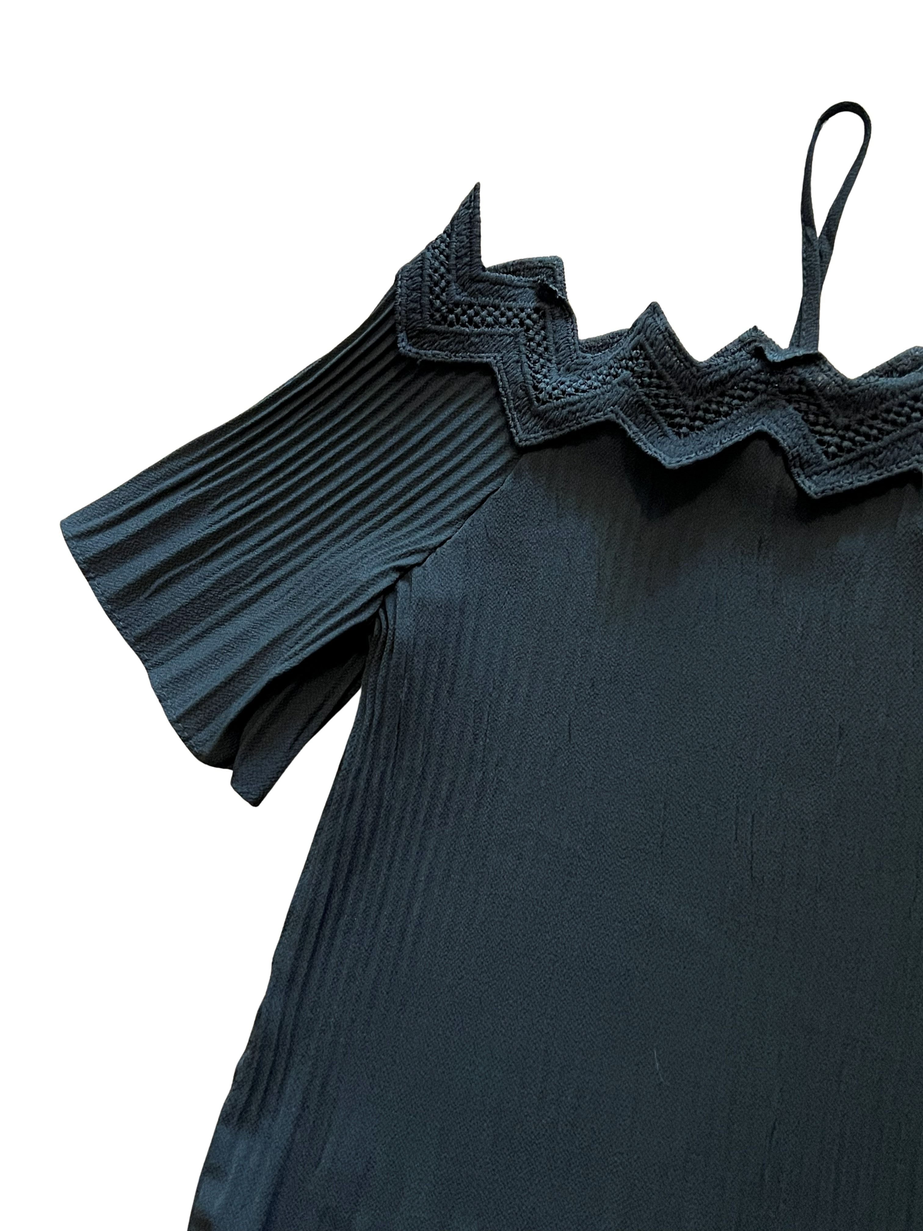 Black Crinkle Top with Crochet Zigzag Trim and Tie Straps