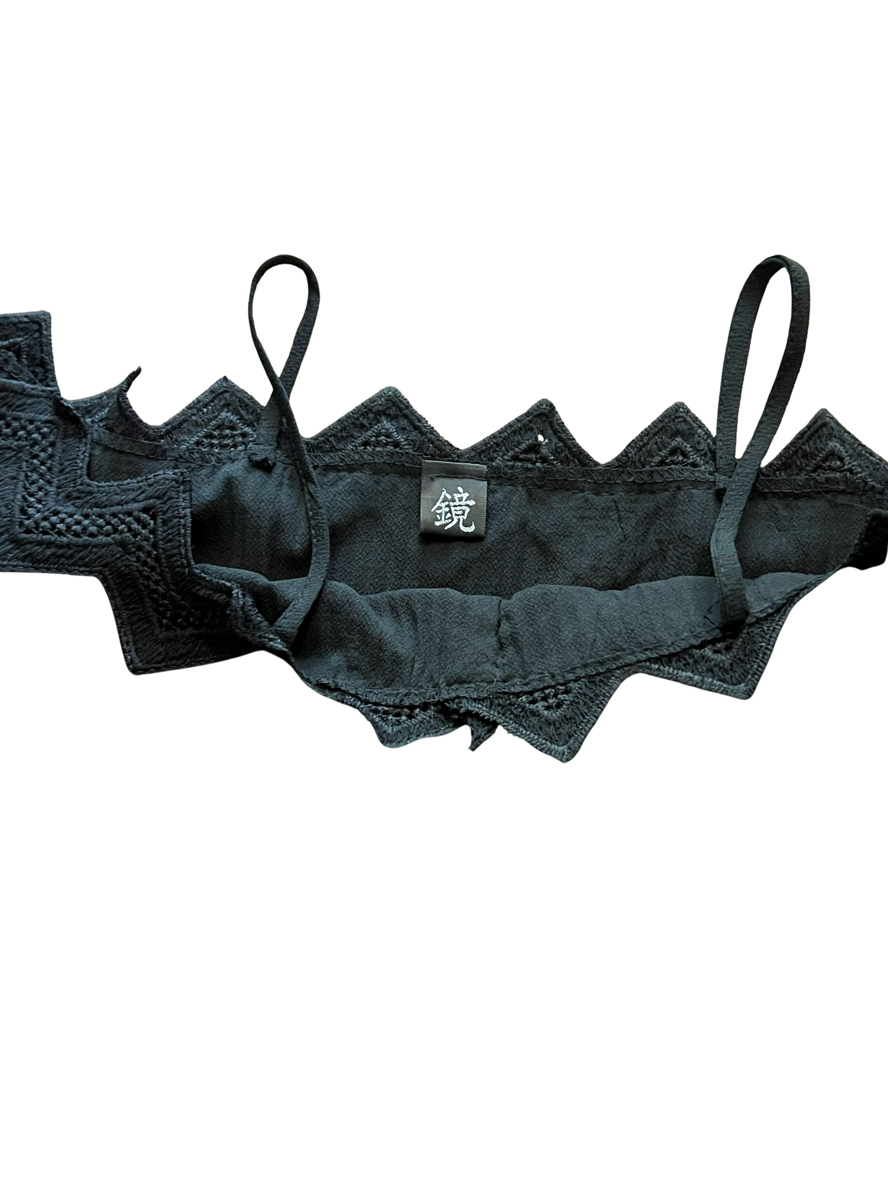 Black Crinkle Top with Crochet Zigzag Trim and Tie Straps