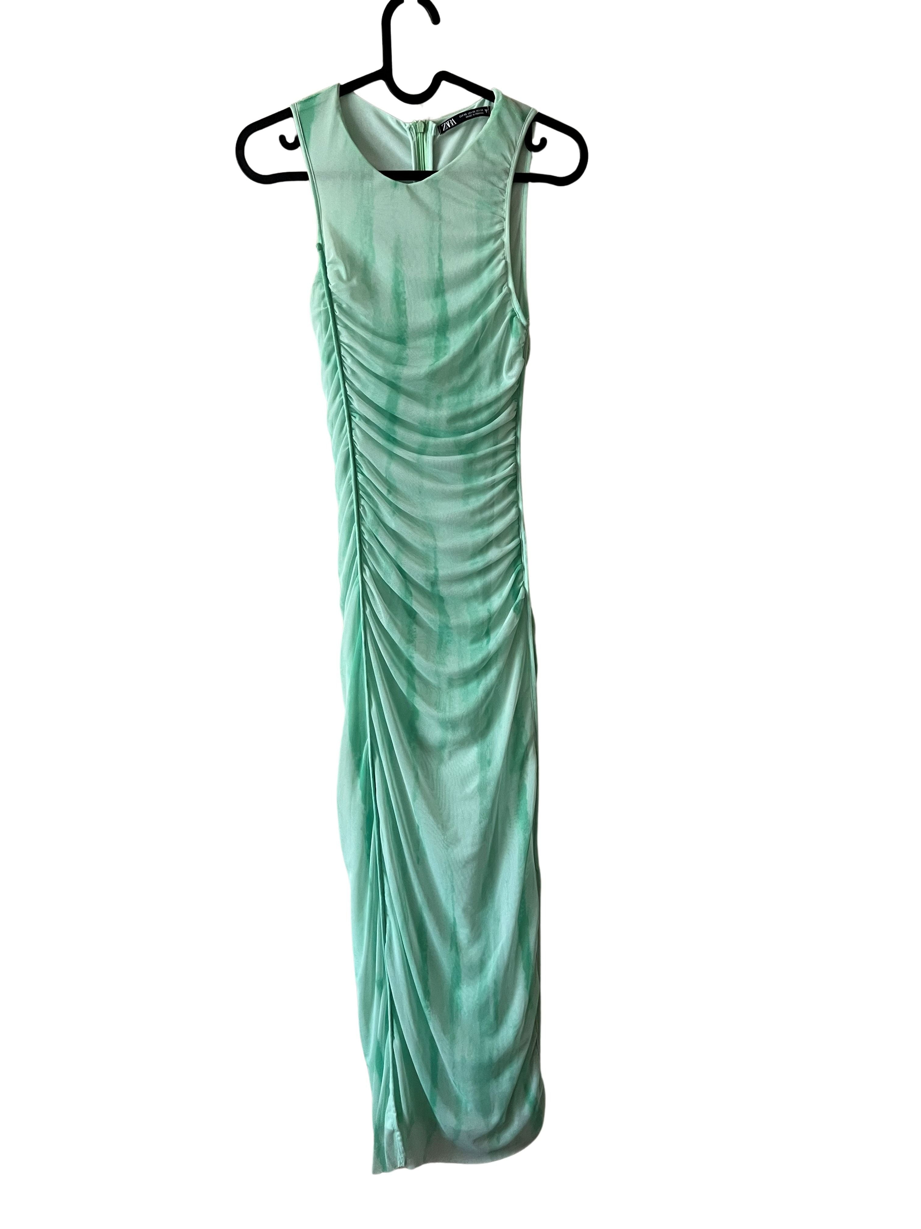 Zara Mint Green Tie-Dye Ruched Bodycon Maxi Dress XS