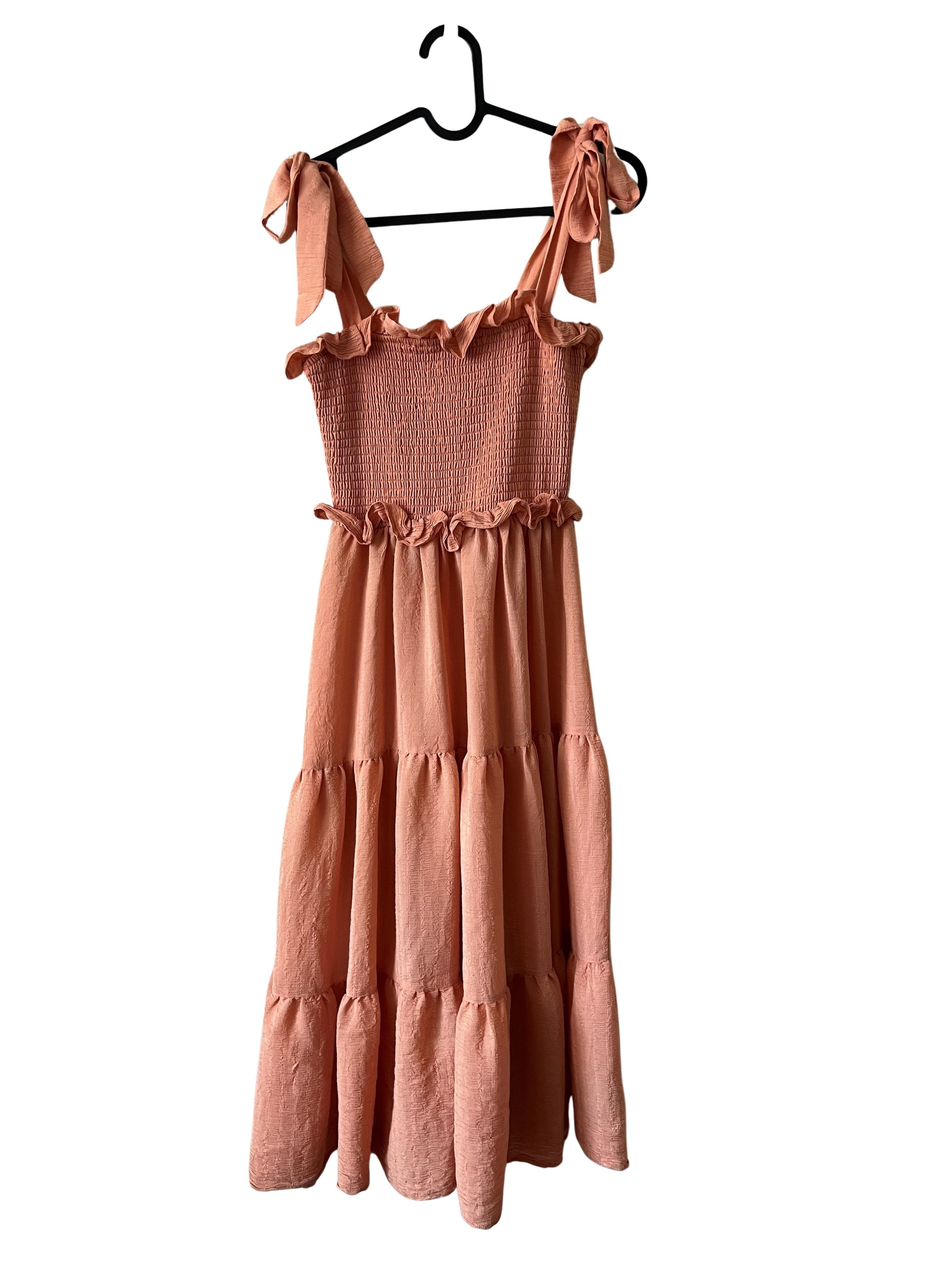 VICI Peach Smocked Tiered Midi Dress with Tie Shoulder Straps - XS