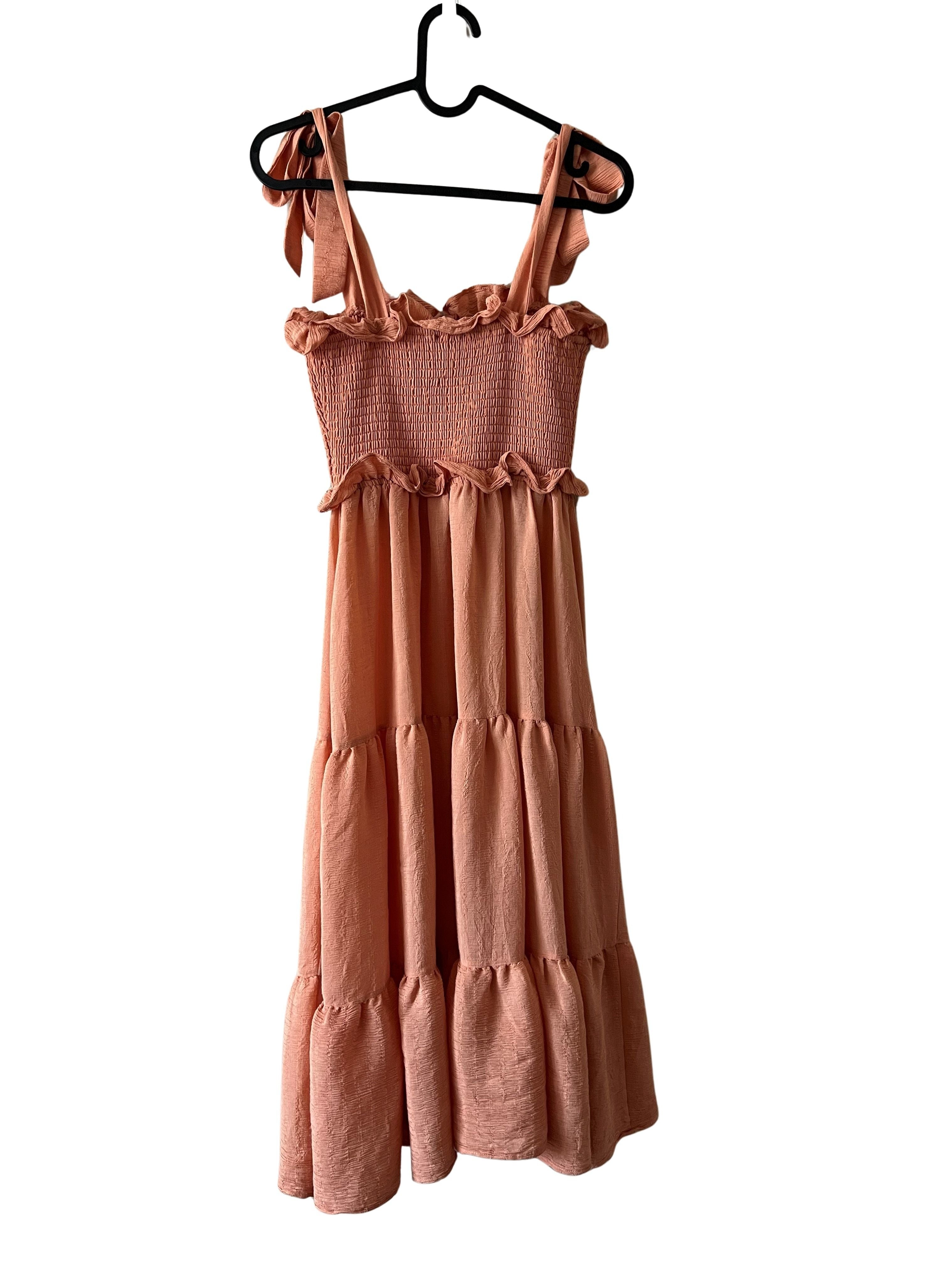 VICI Peach Smocked Tiered Midi Dress with Tie Shoulder Straps - XS