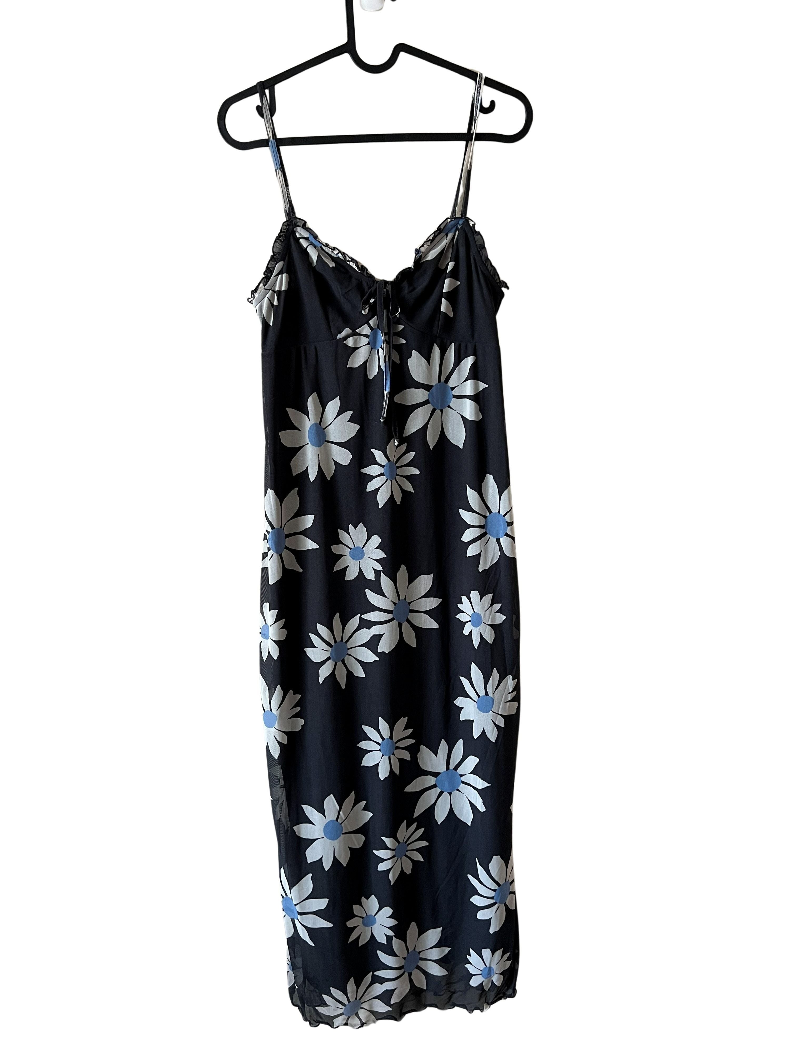 American Eagle Black Daisy Print Slip Midi Dress - XS