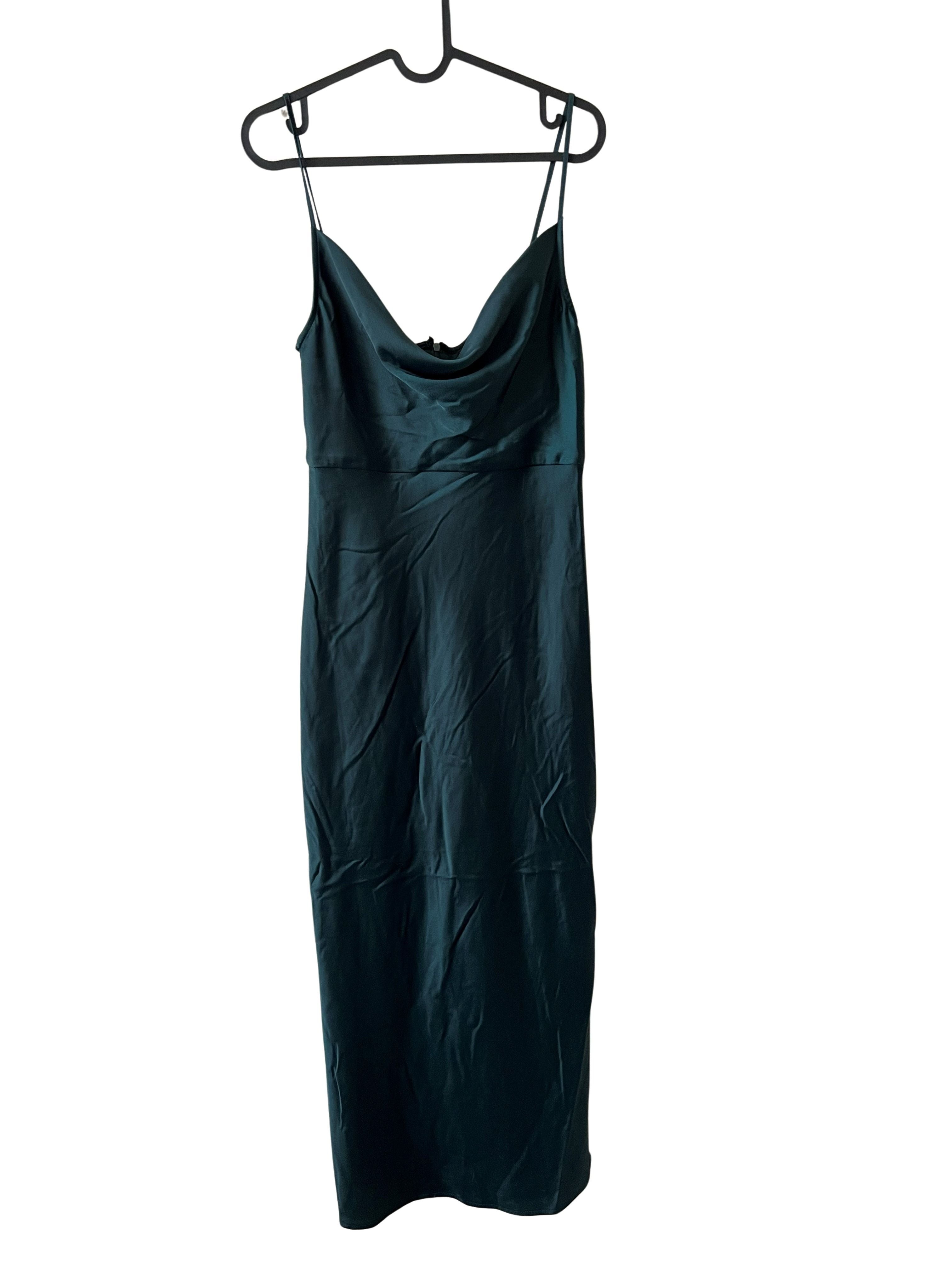 Taylor Dark Green Satin Cowl Neck Slip Dress with Front Slit - Size 2