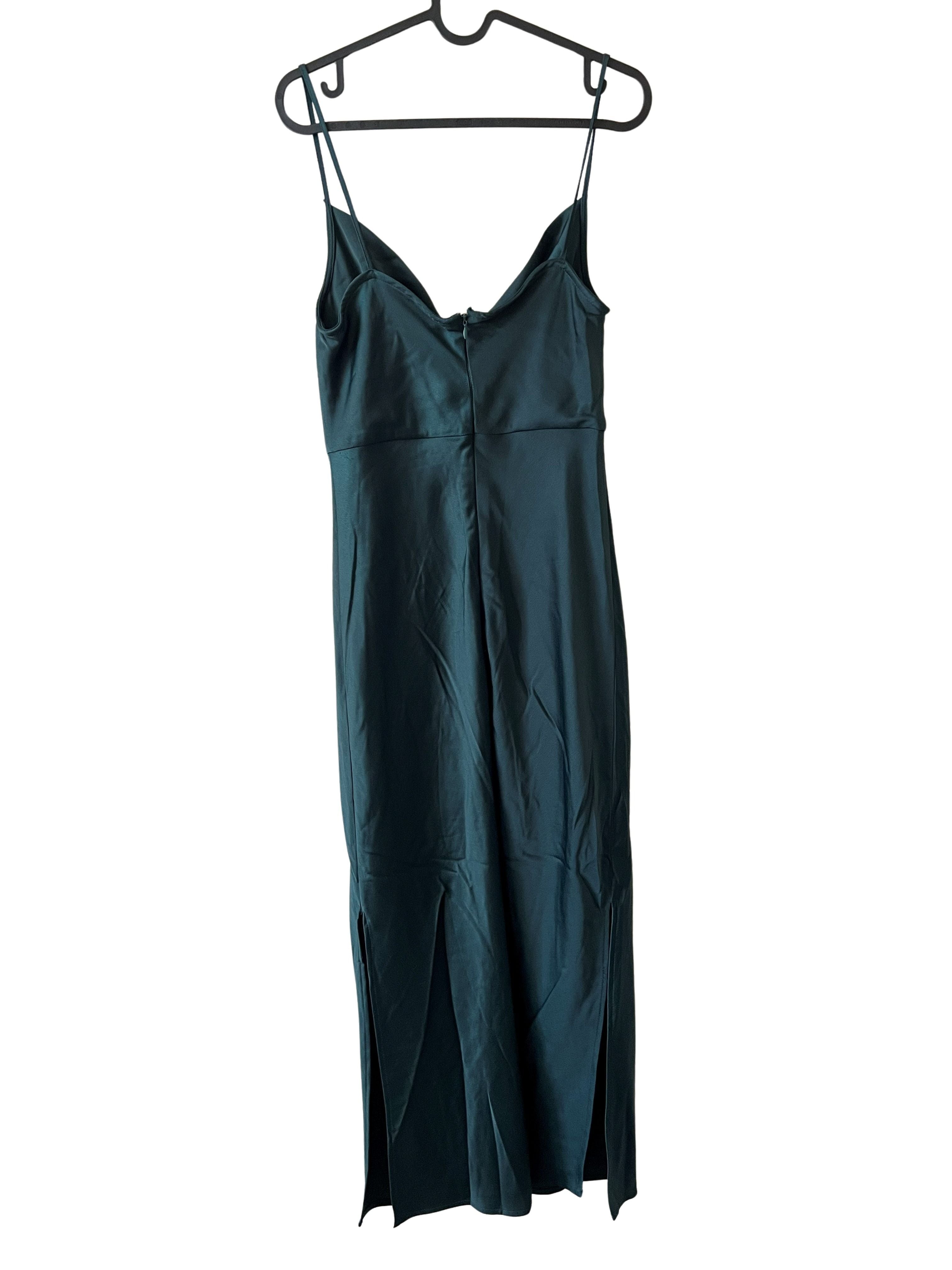 Taylor Dark Green Satin Cowl Neck Slip Dress with Front Slit - Size 2