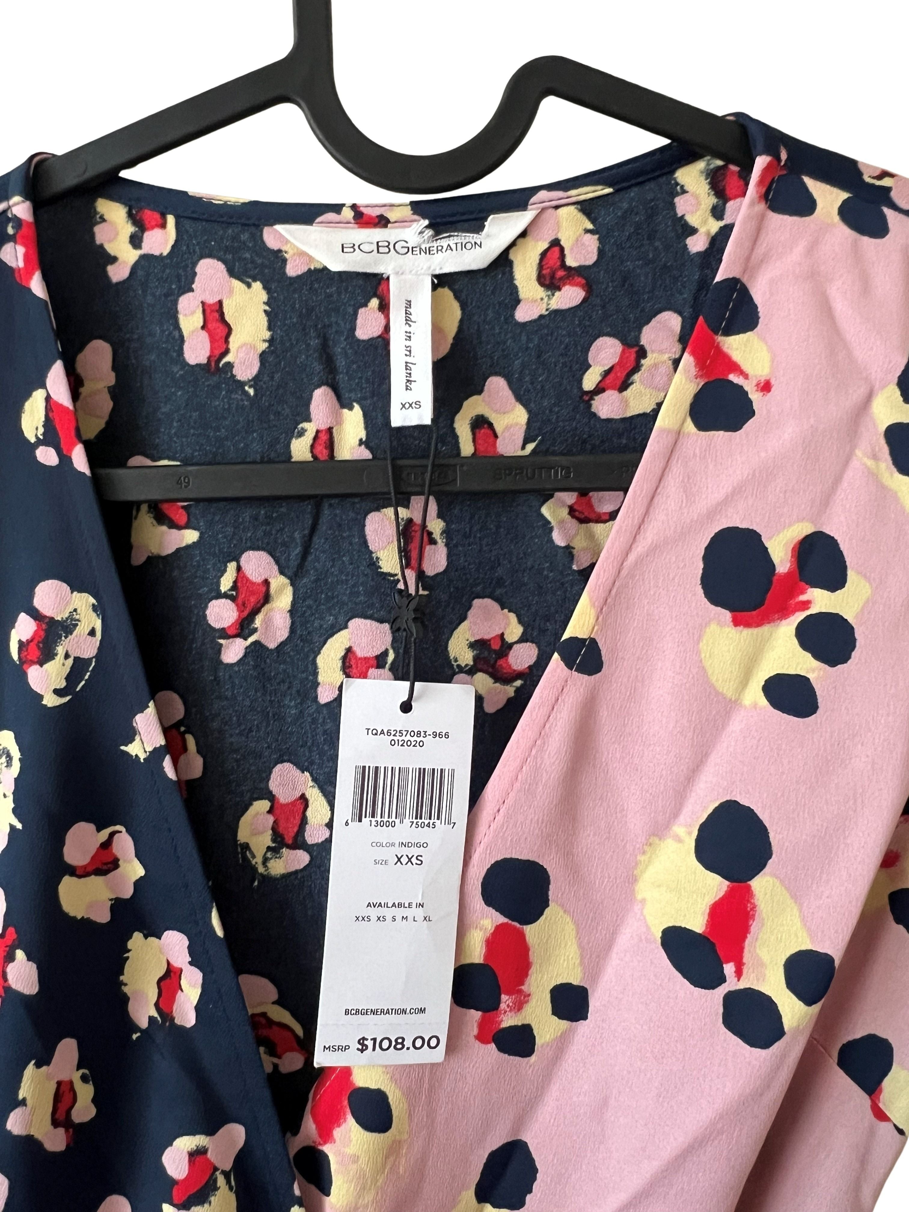 BCBGeneration Wrap Dress NWT Size XXS Navy Pink Floral Print