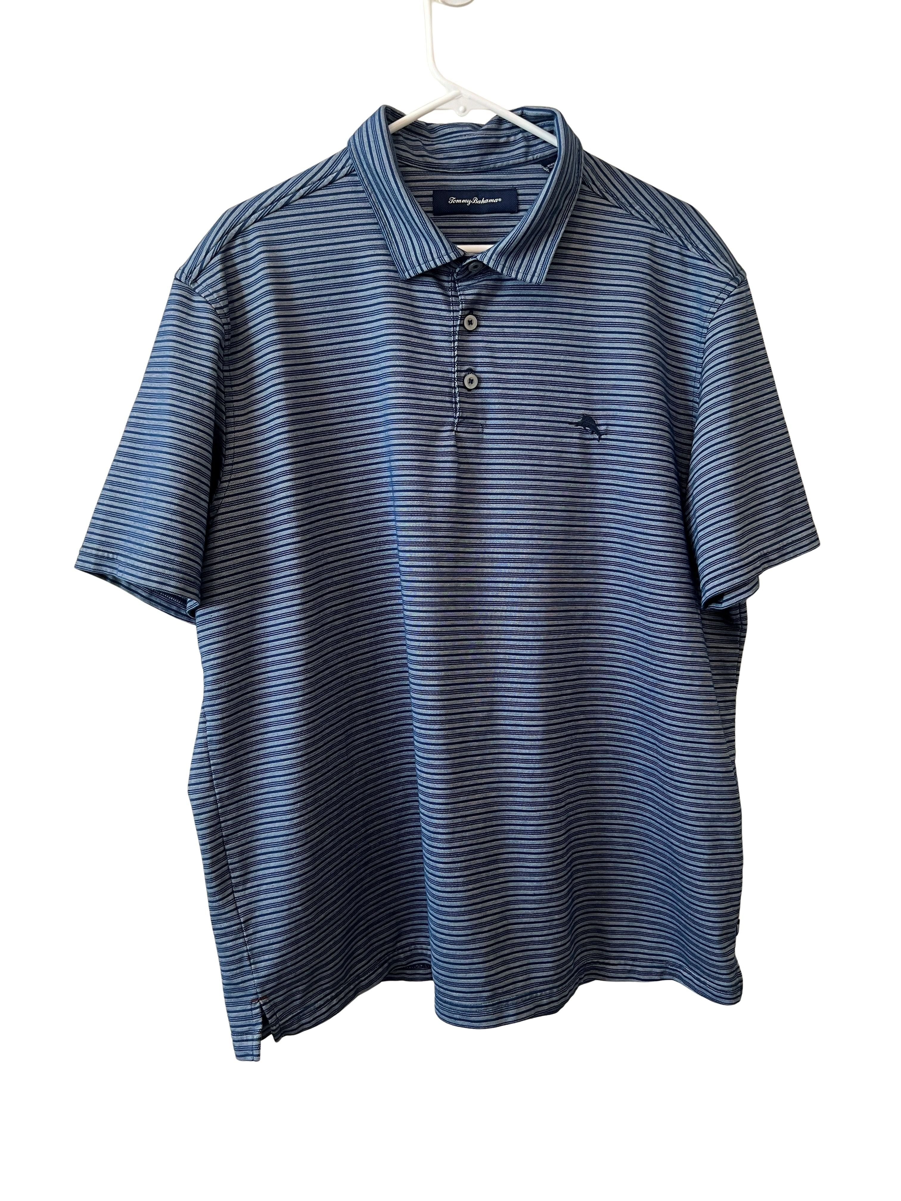 Tommy Bahama Men's XXL Blue Striped Polo Shirt Pima Cotton
