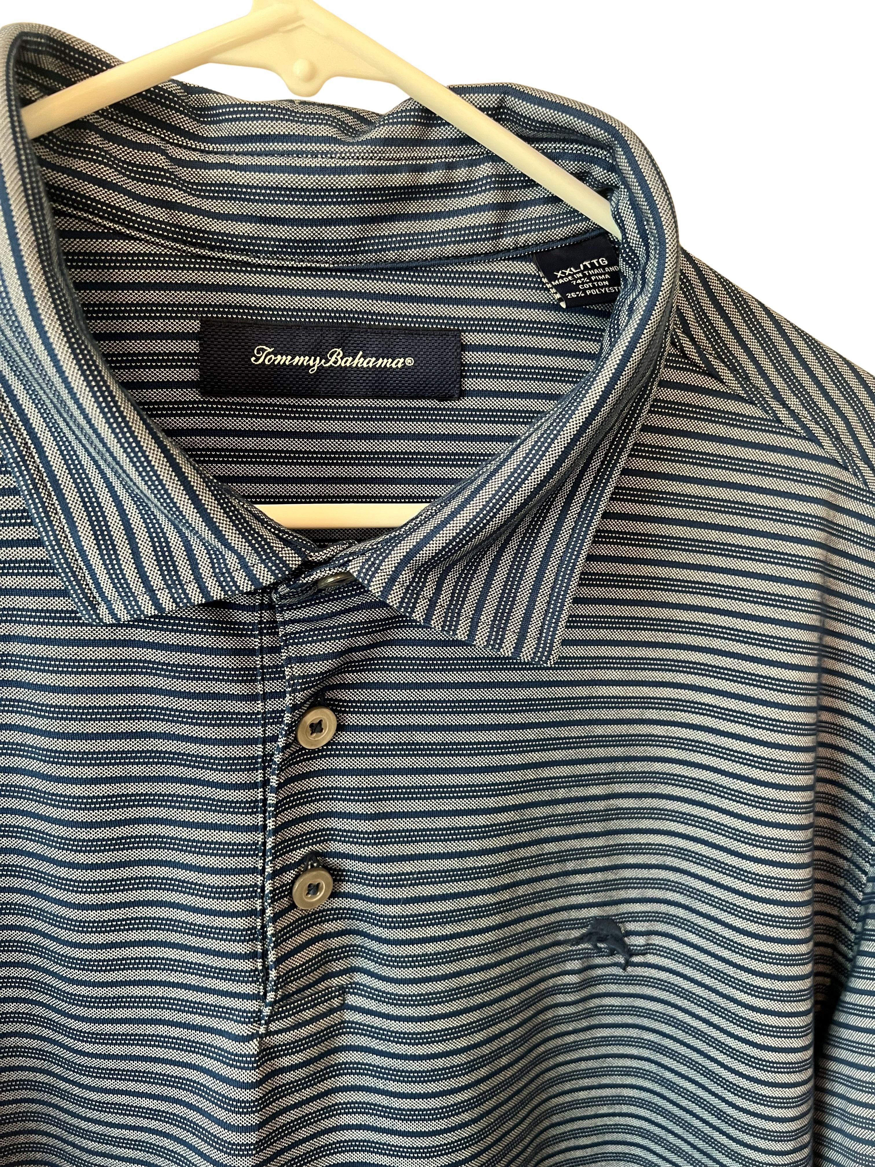 Tommy Bahama Men's XXL Blue Striped Polo Shirt Pima Cotton