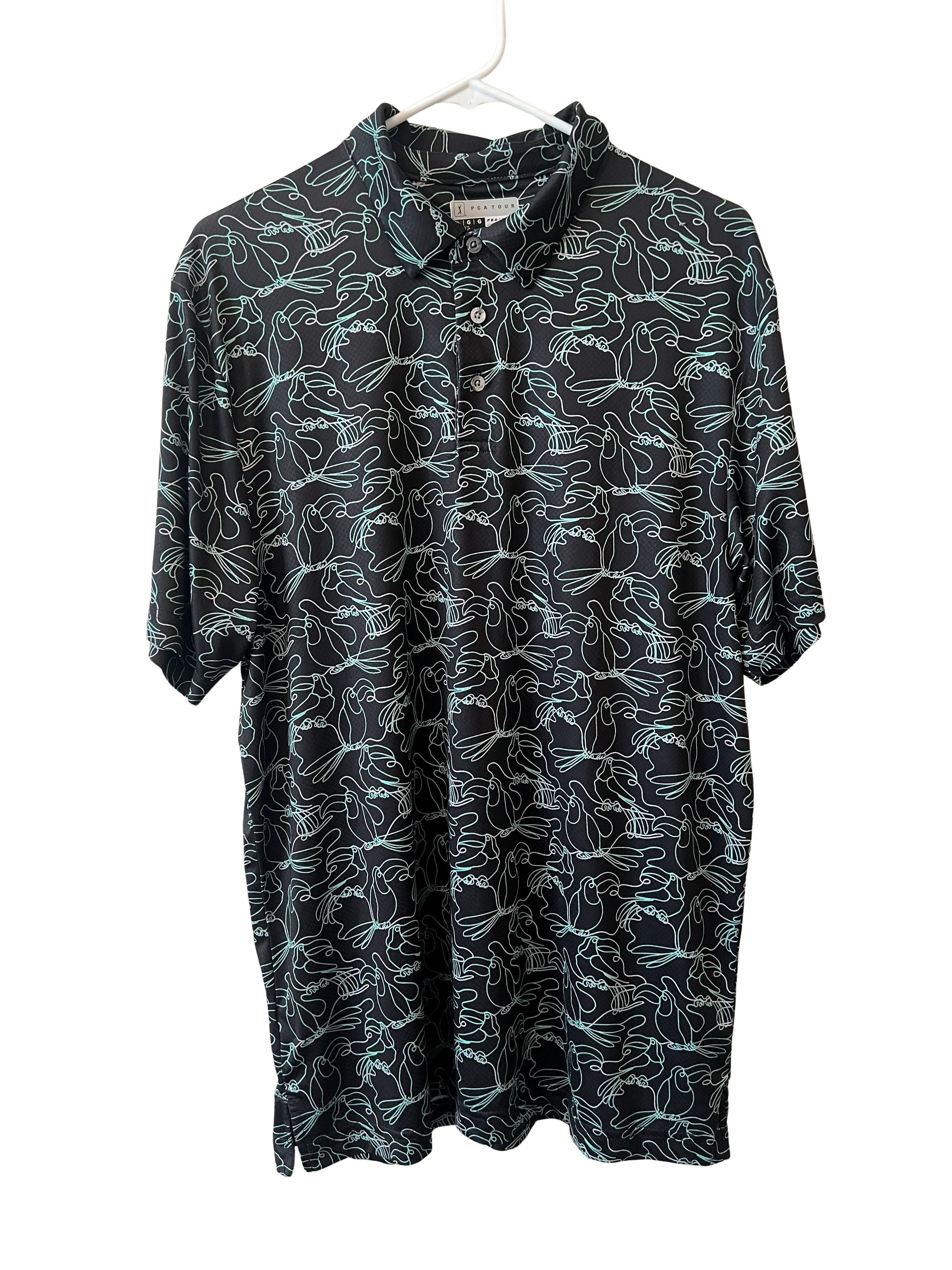 PGA Tour Pro Series Men's L Golf Polo Black Toucan Print Athletic Fit