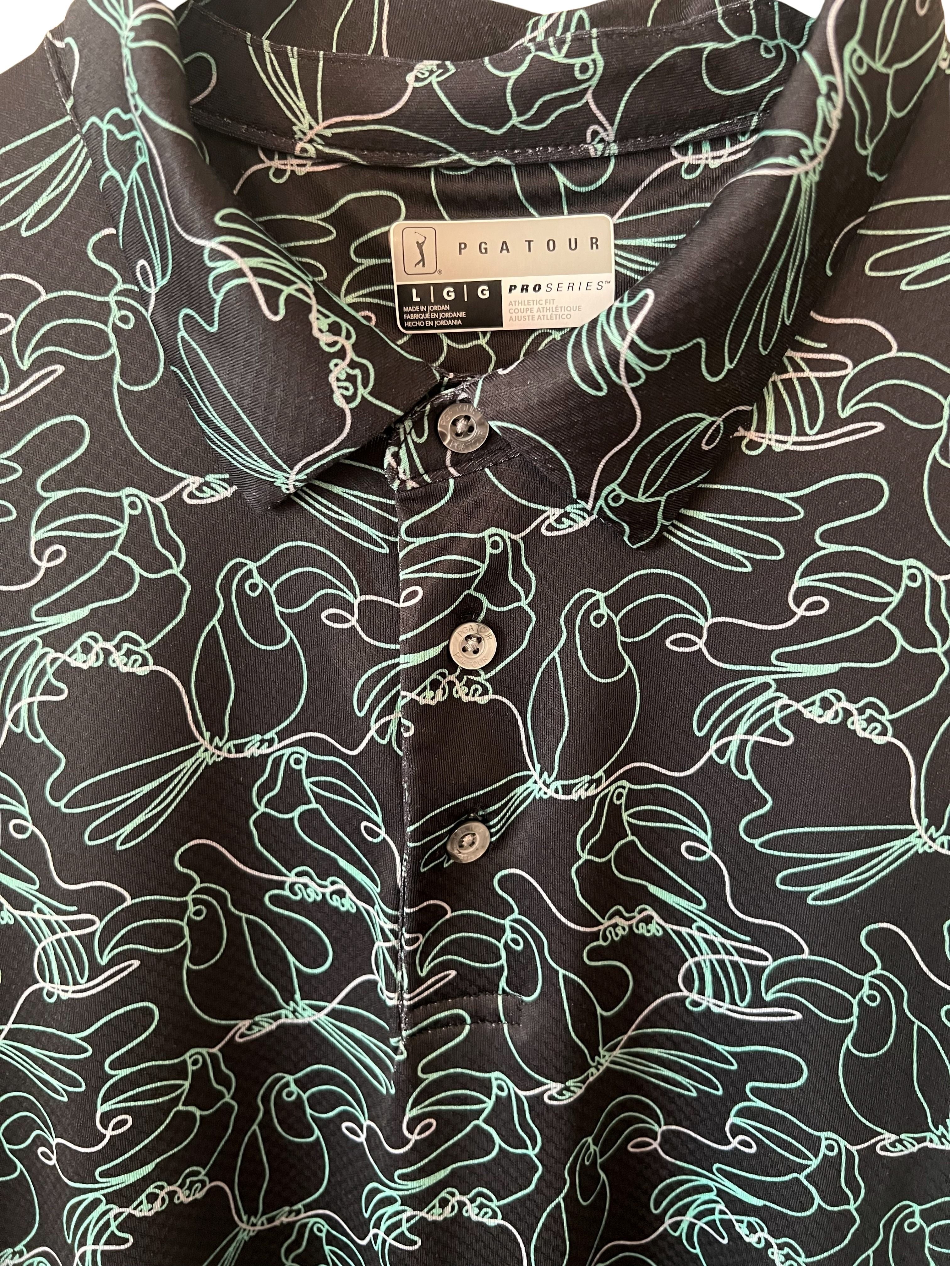 PGA Tour Pro Series Men's L Golf Polo Black Toucan Print Athletic Fit