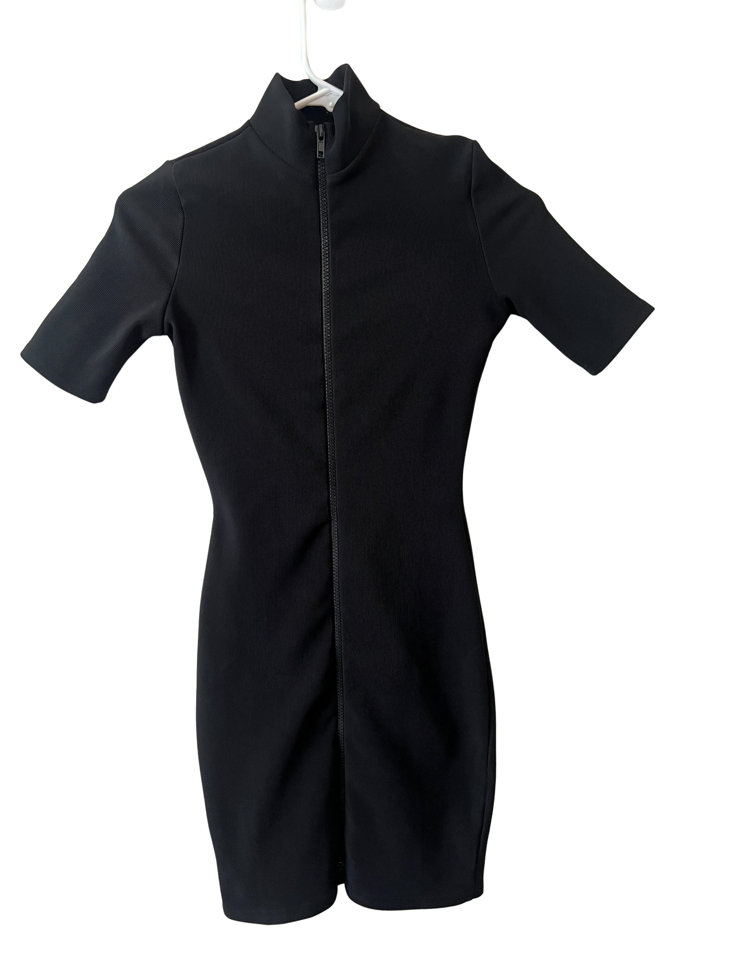 PrettyLittleThing Black Ribbed Zip-Front Bodycon Mini Dress Sz 0
