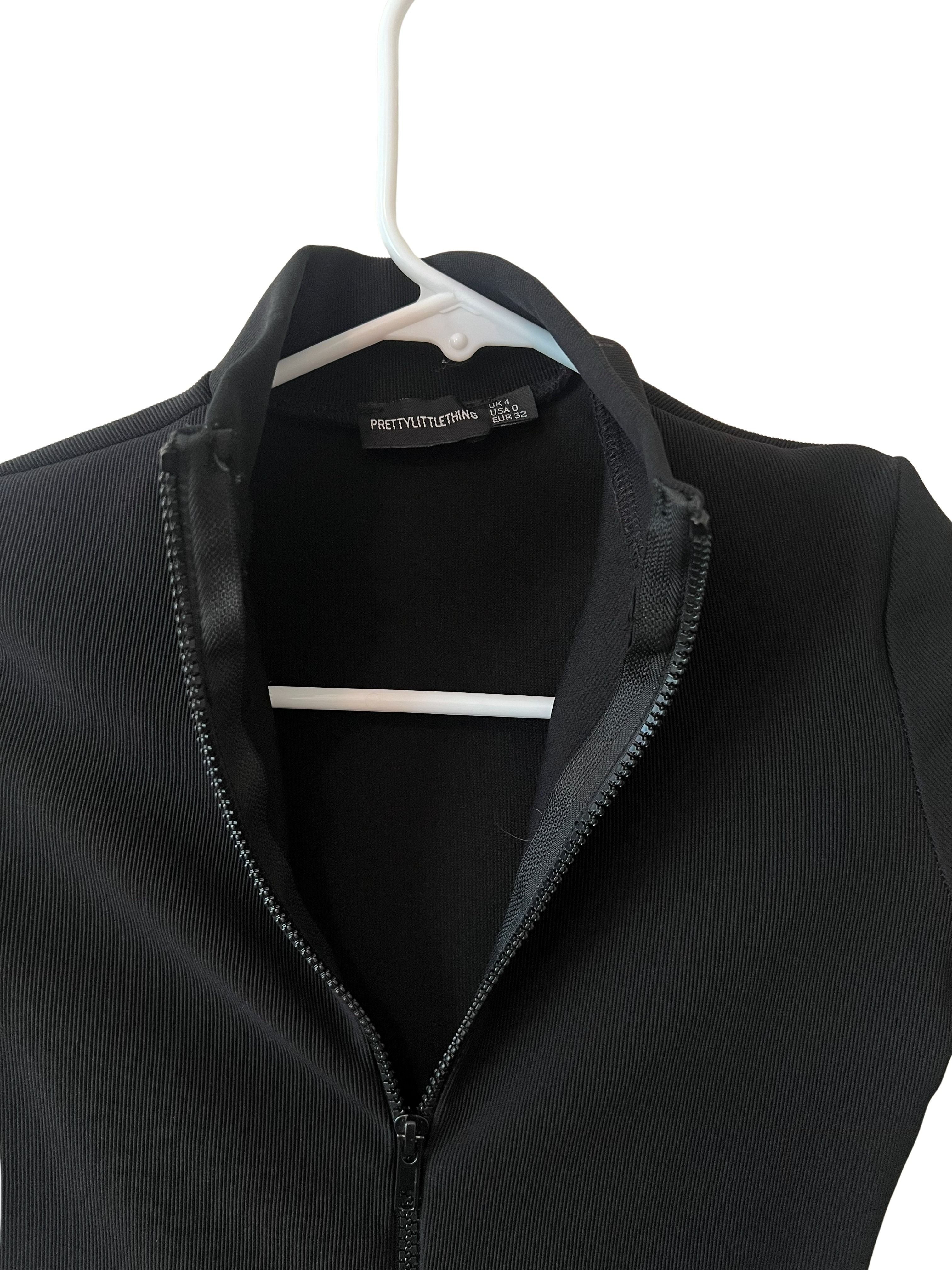 PrettyLittleThing Black Ribbed Zip-Front Bodycon Mini Dress Sz 0