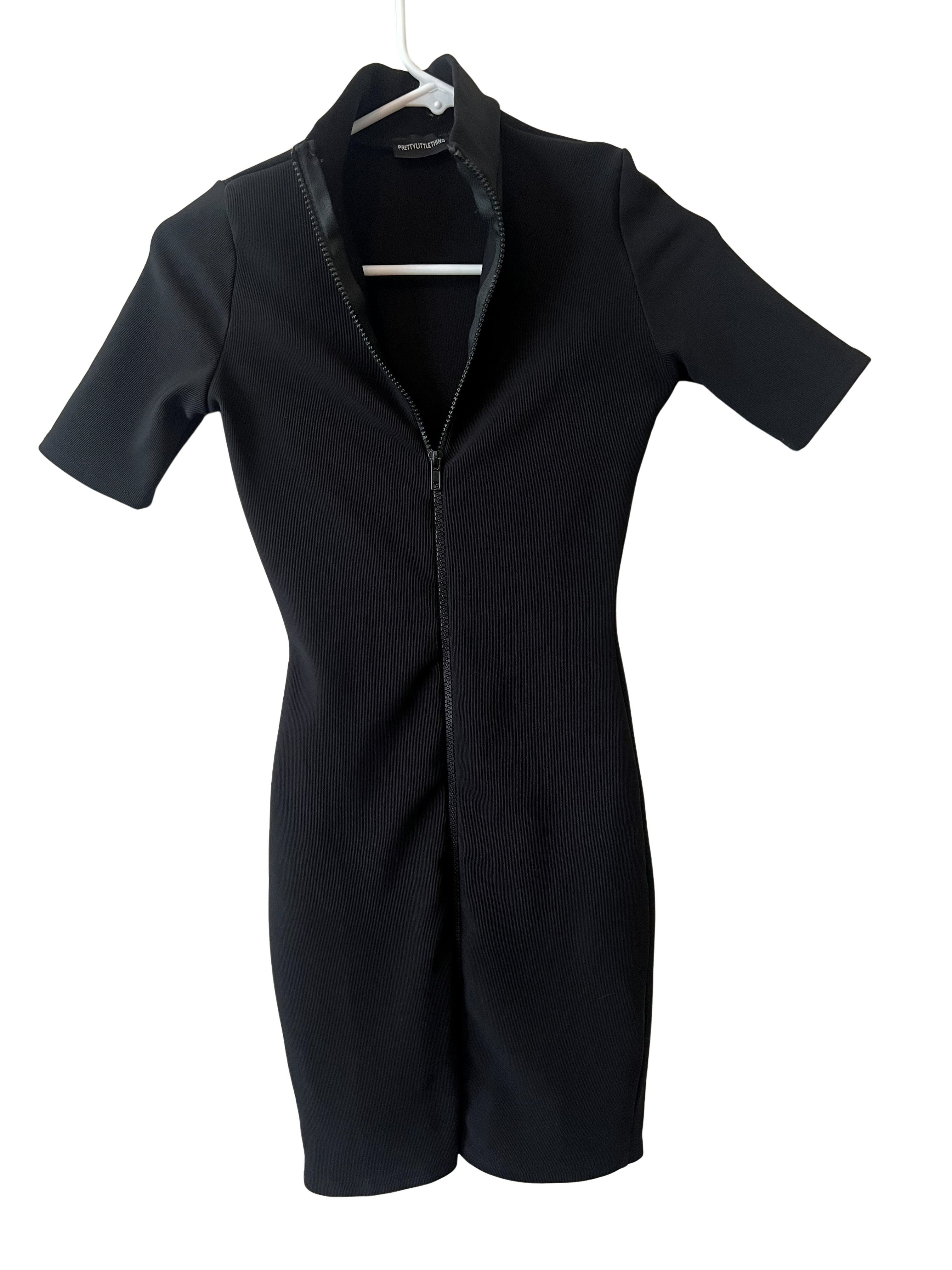 PrettyLittleThing Black Ribbed Zip-Front Bodycon Mini Dress Sz 0