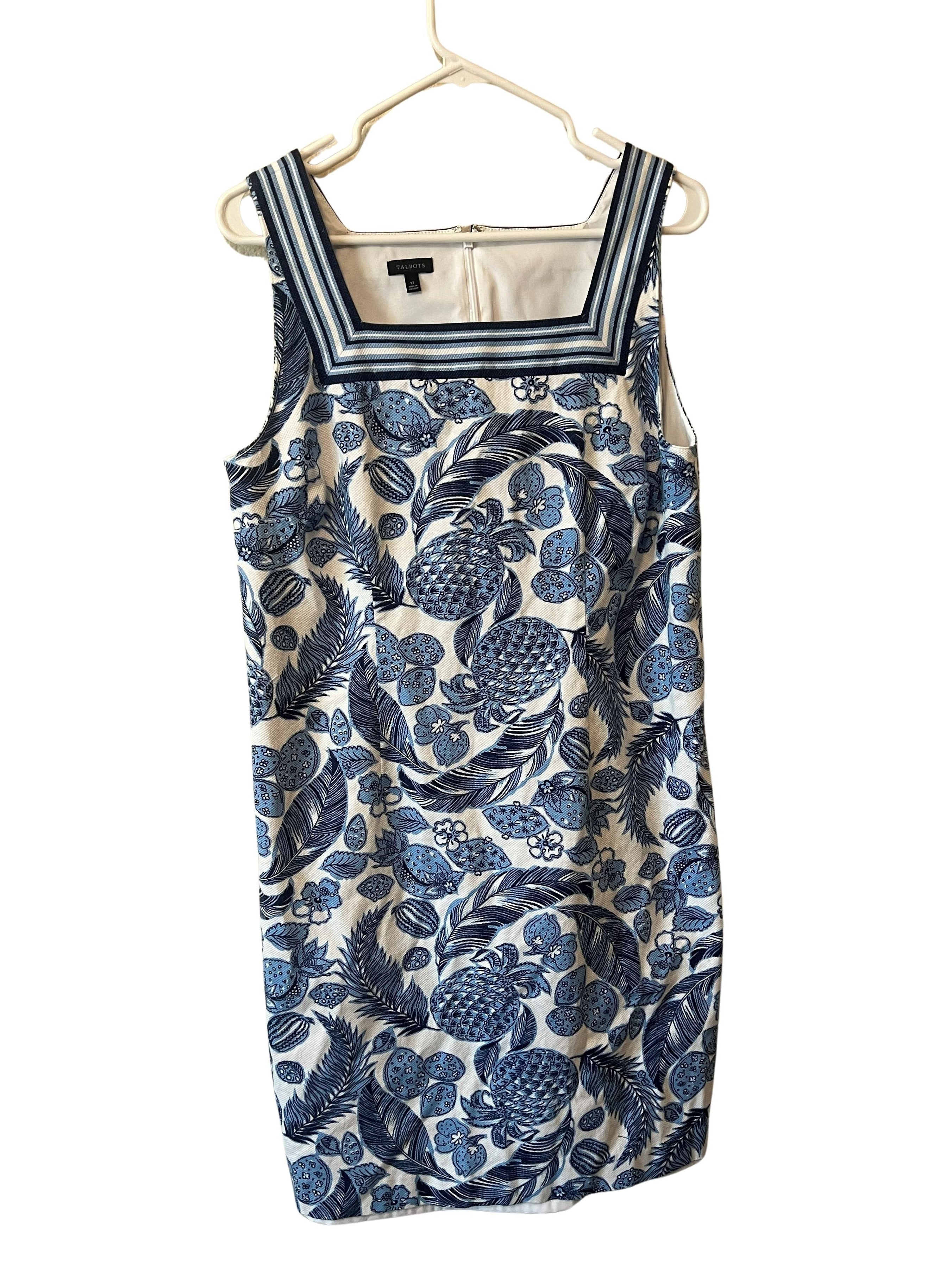 Talbots Blue White Pineapple Tropical Print Sheath Dress Size 12