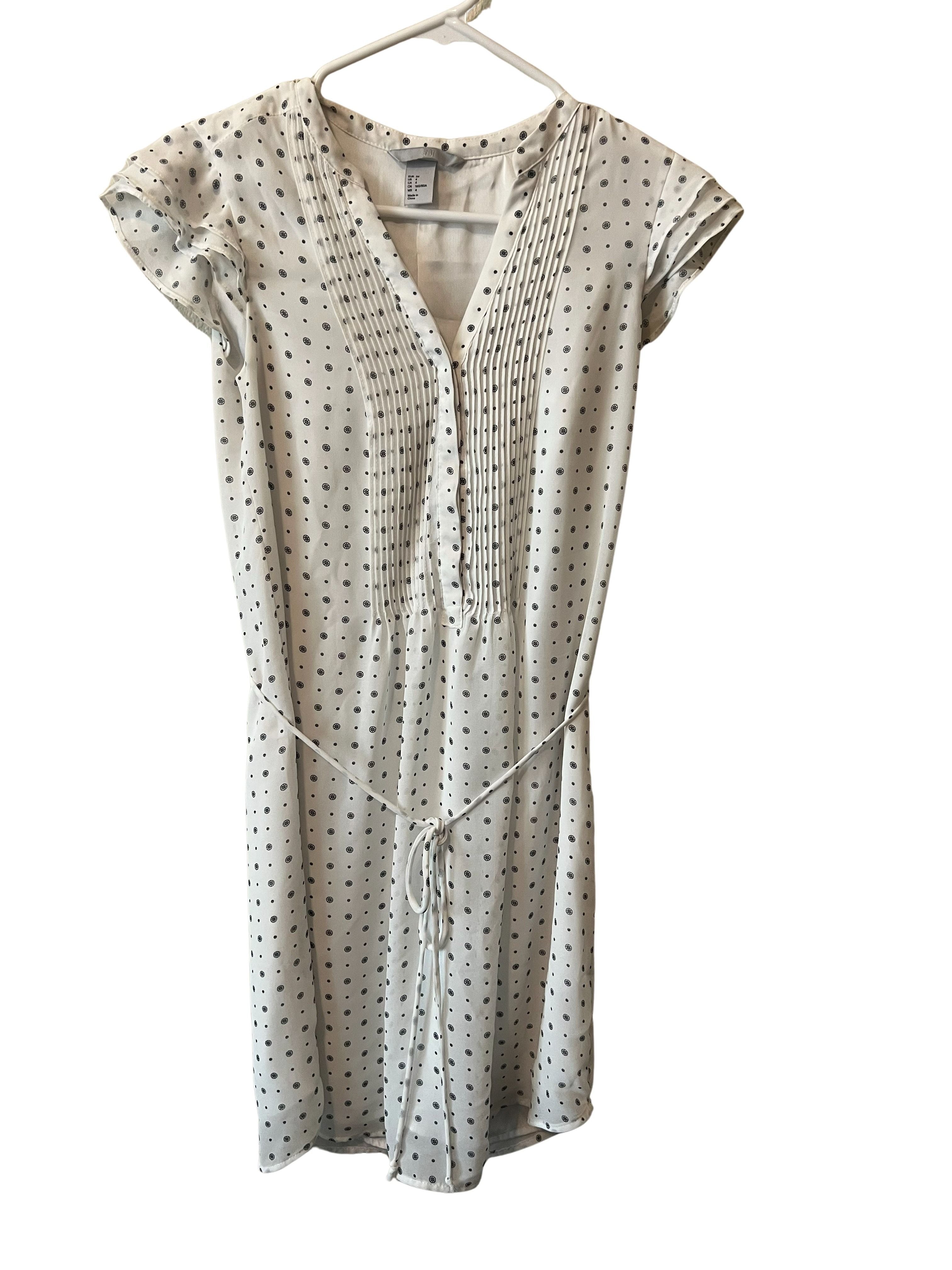 H&M White Polka Dot Print Tie-Waist Dress Size 4 (EUR 34)