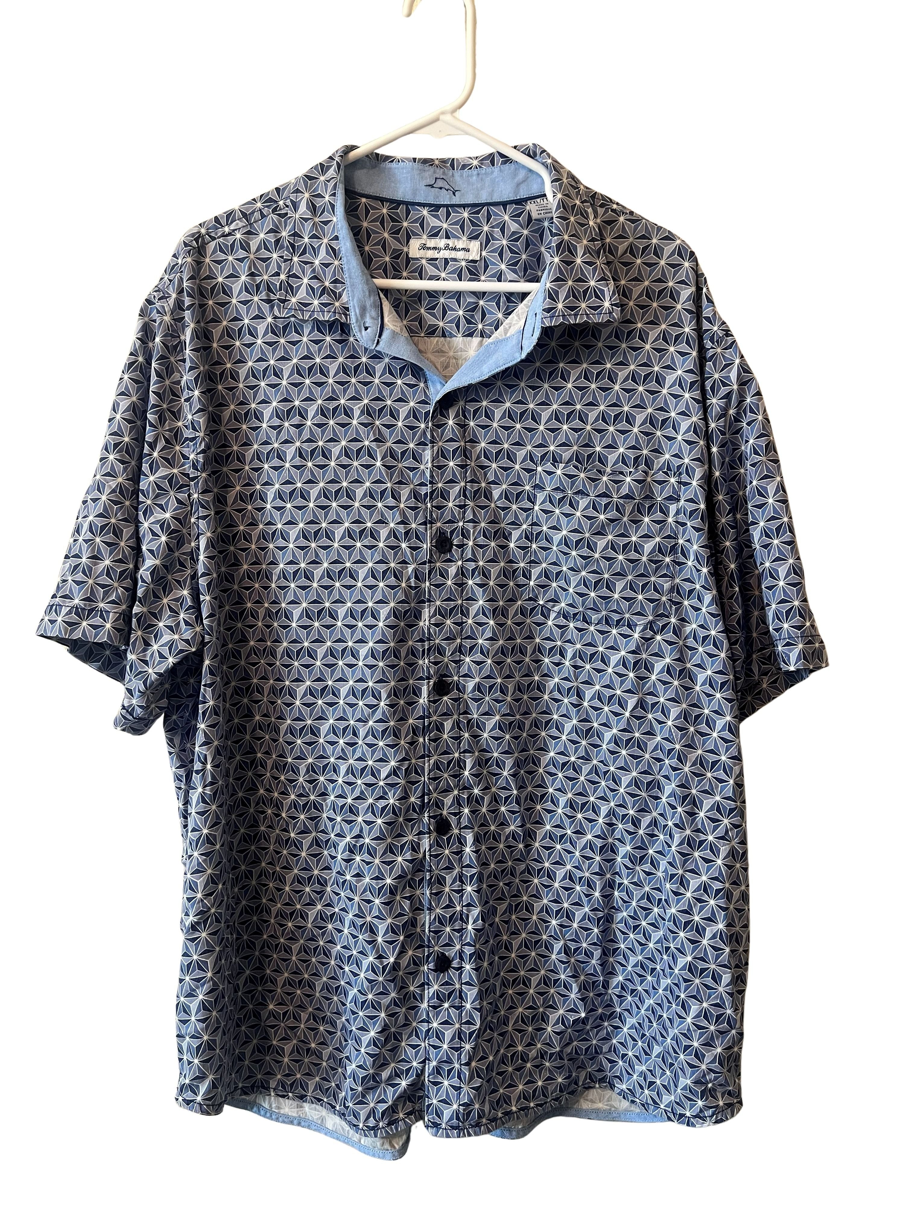 Tommy Bahama Men's XXL Blue Geometric Print Short Sleeve Button-Up Shirt
