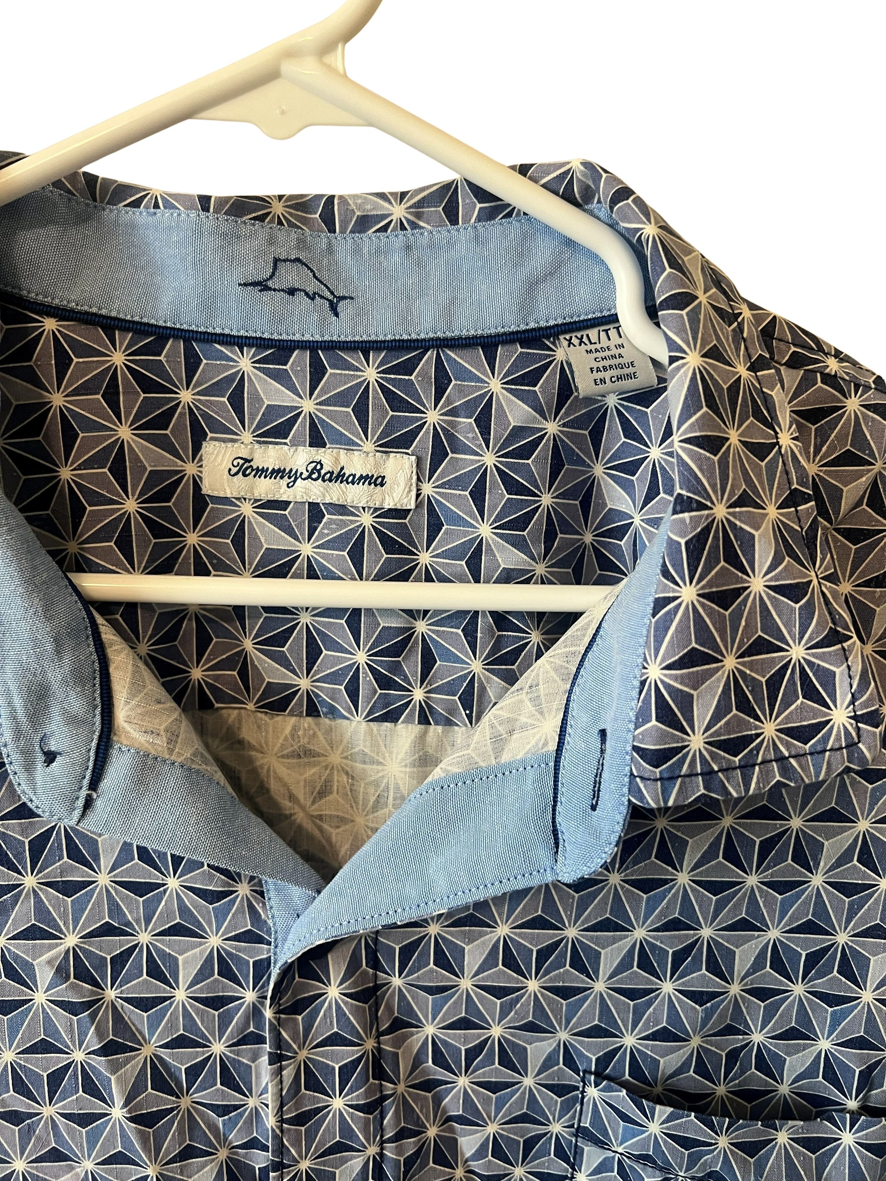 Tommy Bahama Men's XXL Blue Geometric Print Short Sleeve Button-Up Shirt