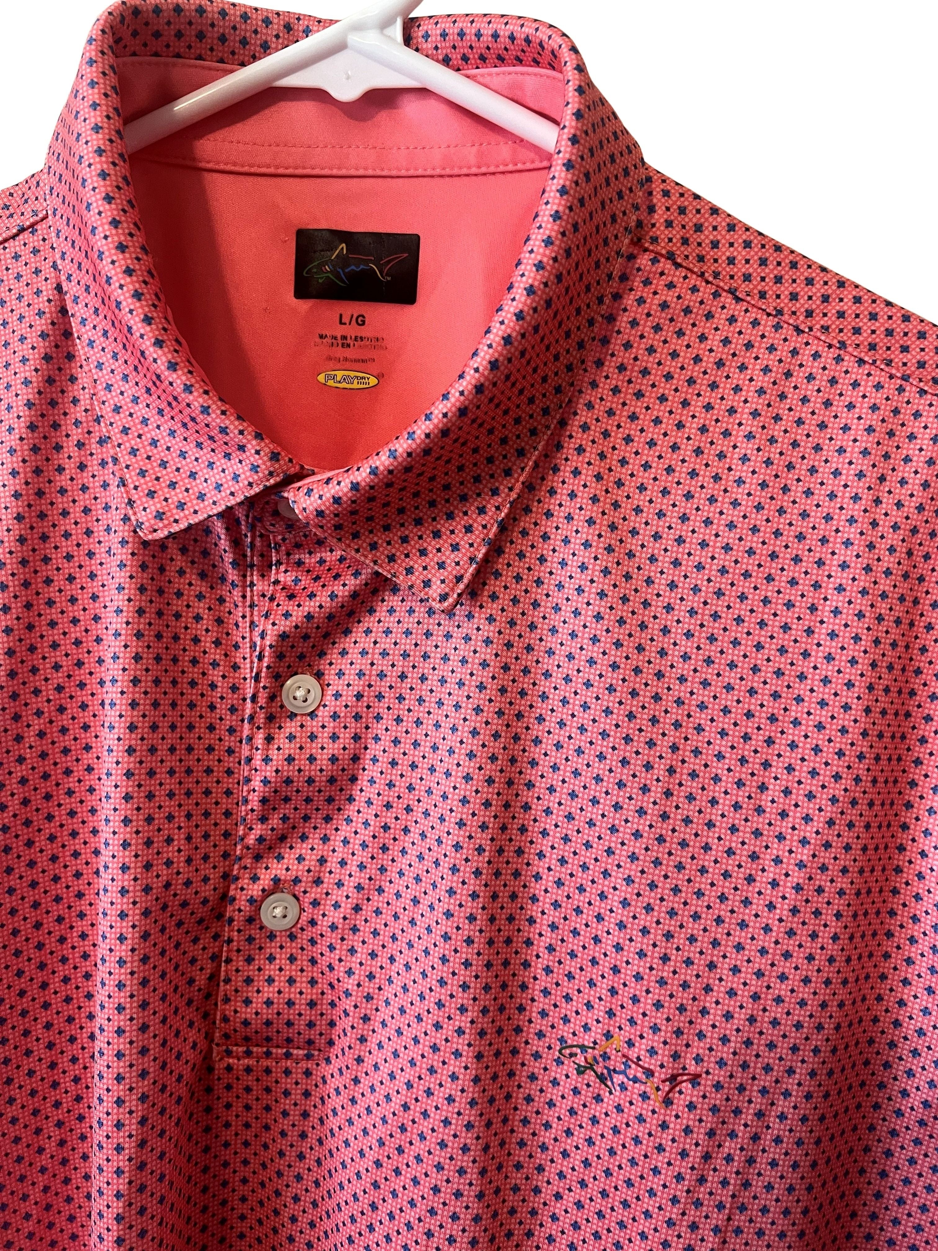 Greg Norman Play Dry Men's Polo Shirt Size L Pink Geometric Print