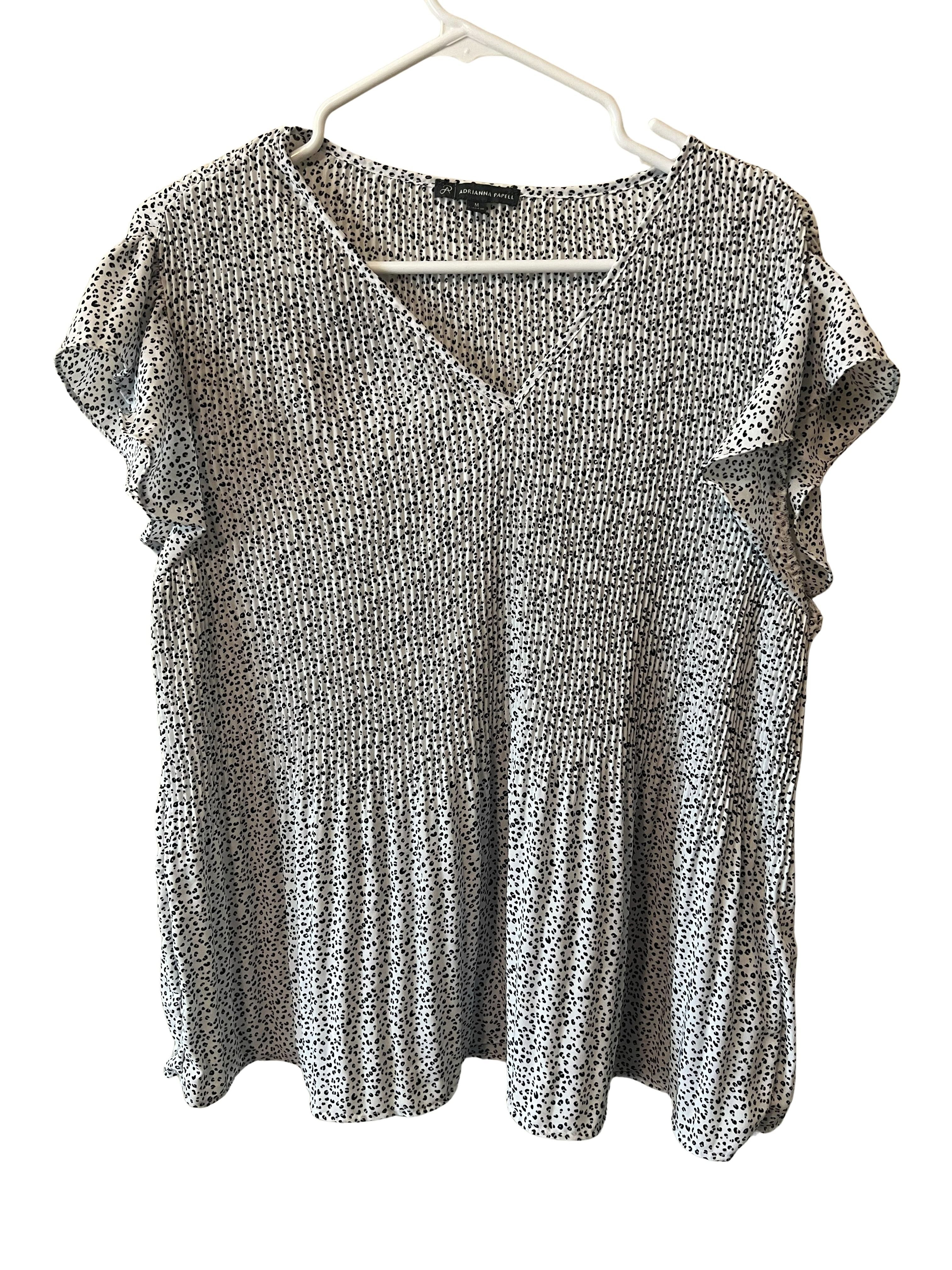 Adrianna Papell Women's Size M White Black Dot Print Ruffle Sleeve Top
