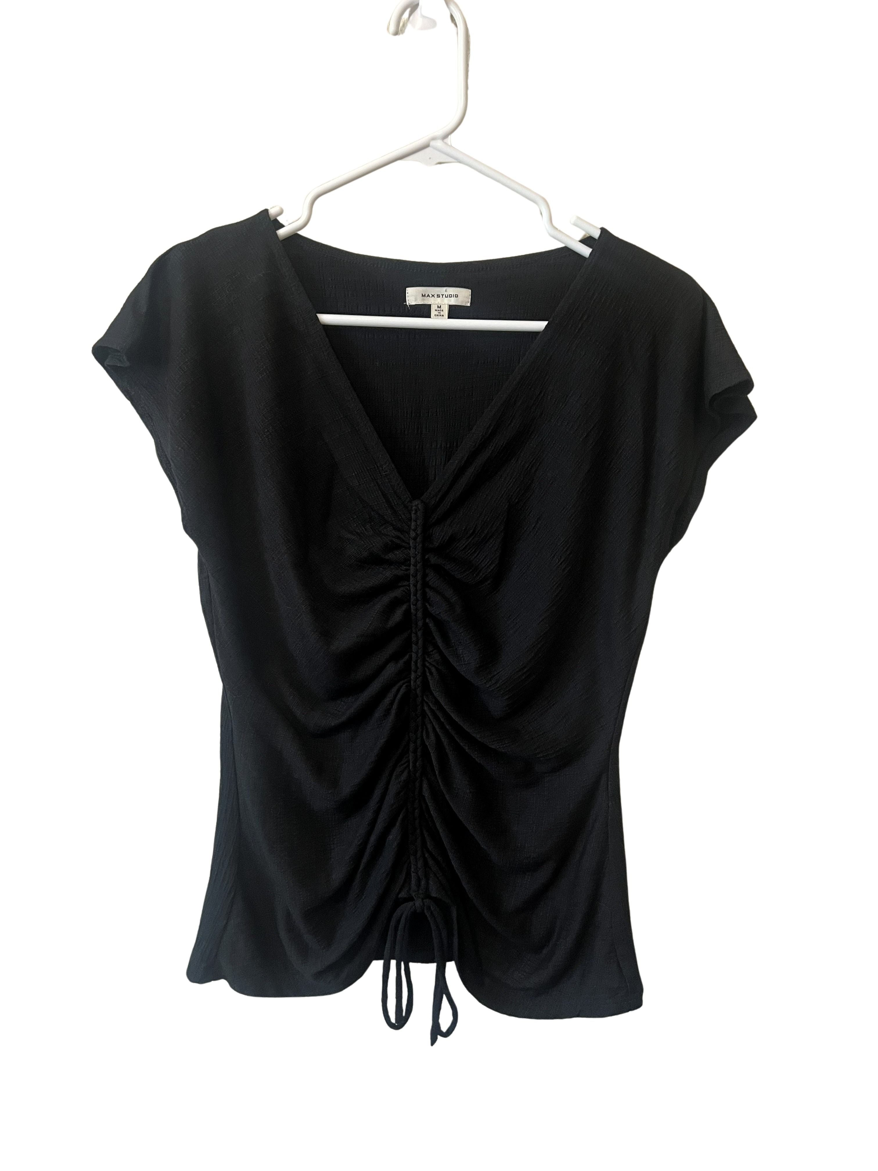 Max Studio Black Ruched V-Neck Top - Size M