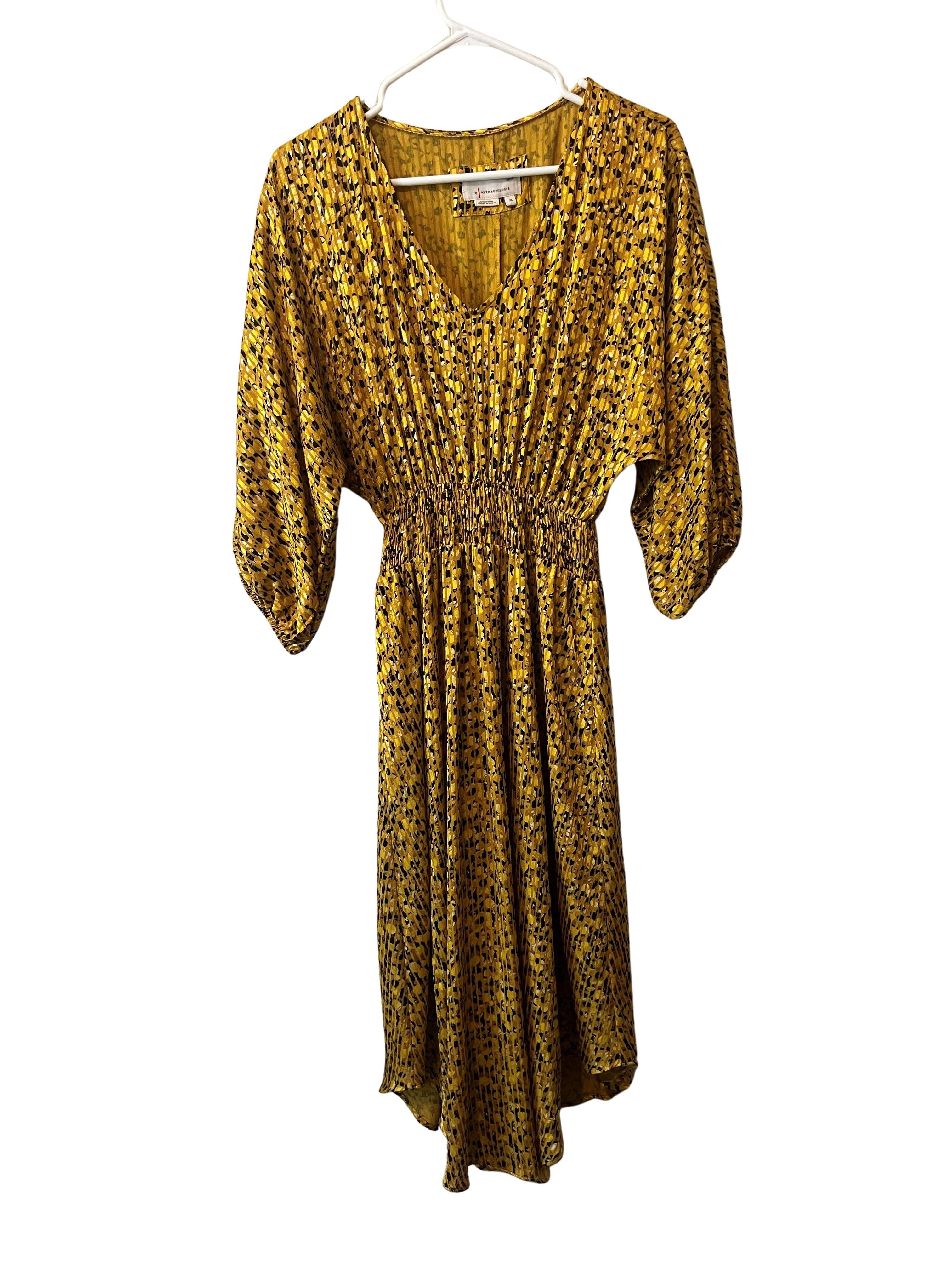 By Anthropologie Mustard Yellow Abstract Print Midi Dress XS