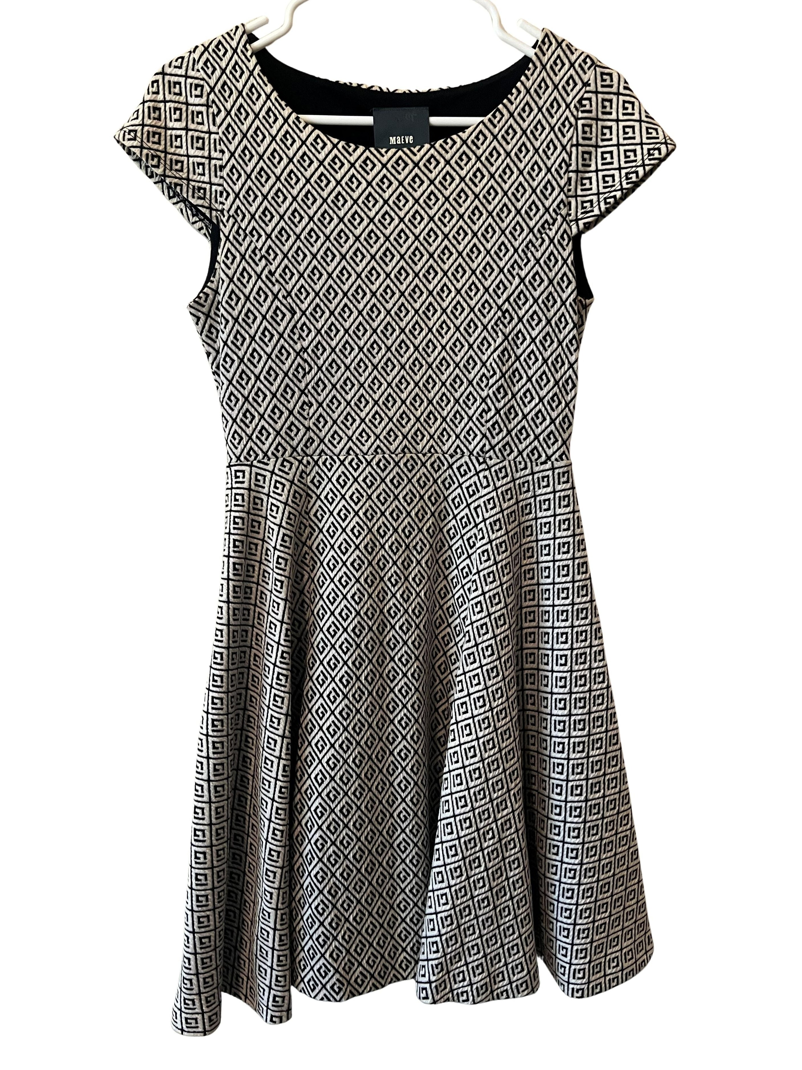 Maeve Black & White Geometric Print Fit and Flare Dress XS