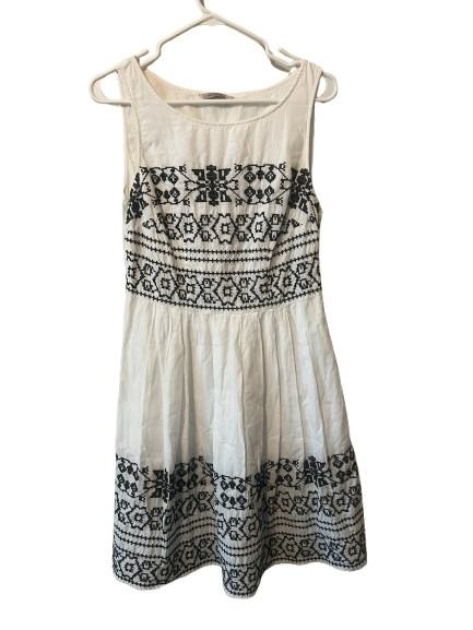 M&S Collection White Cotton Fit & Flare Dress with Black Embroidery UK 12