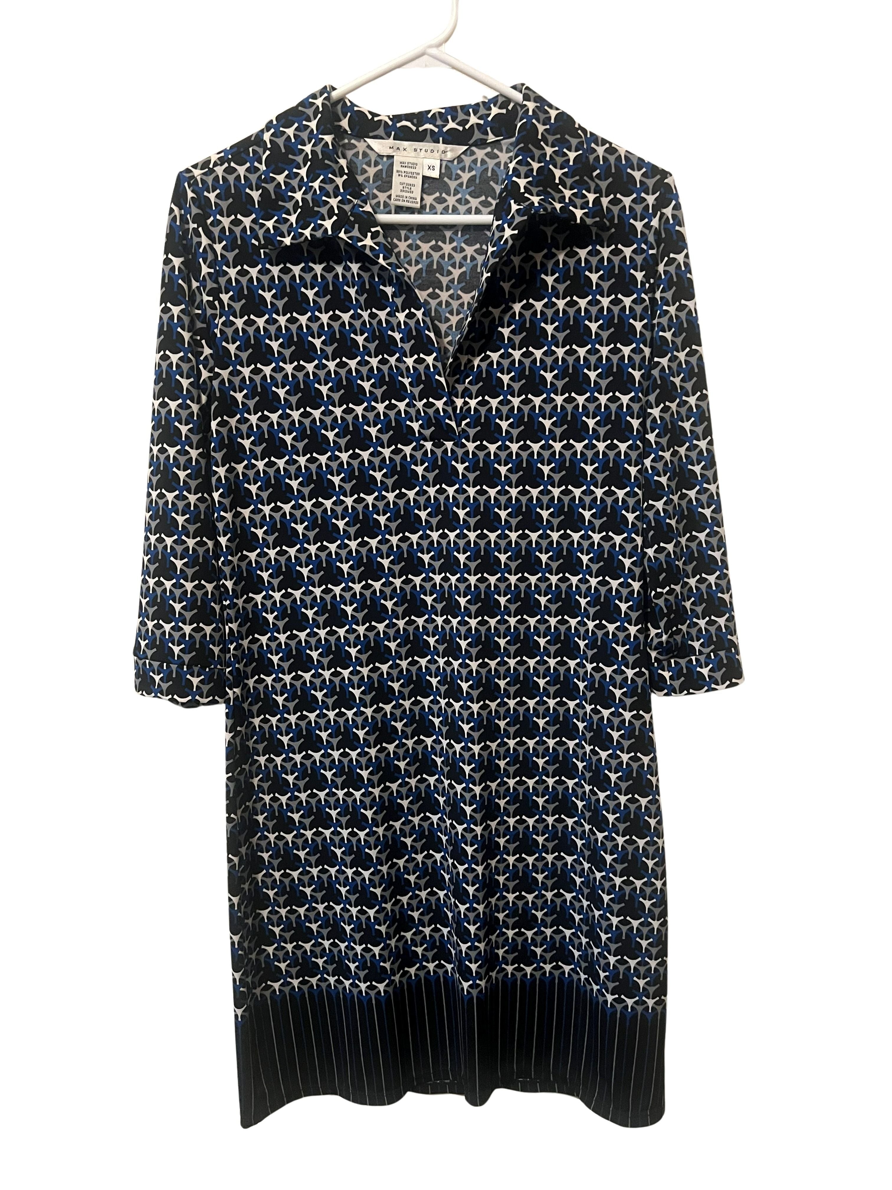 Max Studio XS Shift Dress - Navy Blue Geometric Print, 3/4 Sleeve