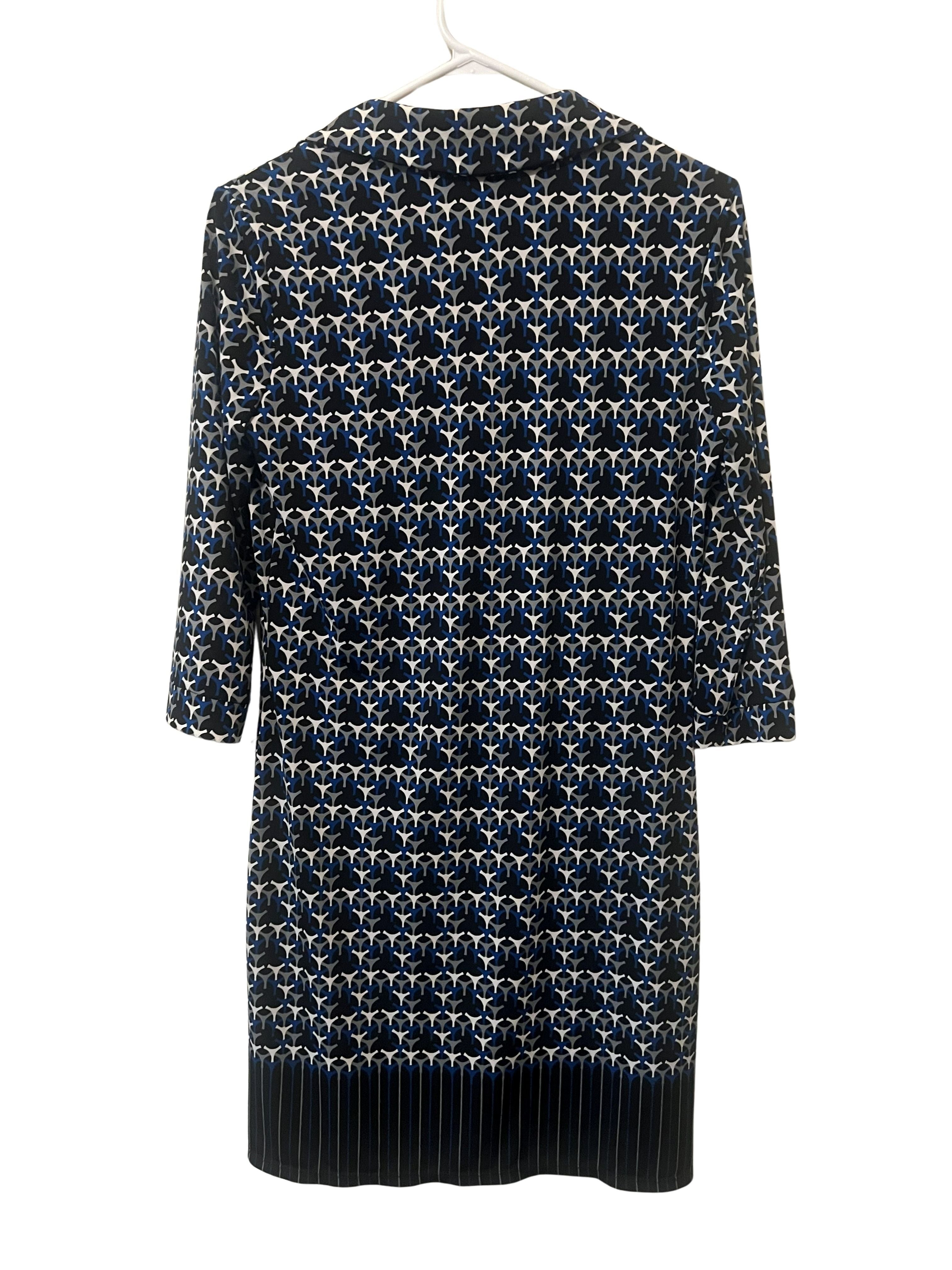 Max Studio XS Shift Dress - Navy Blue Geometric Print, 3/4 Sleeve