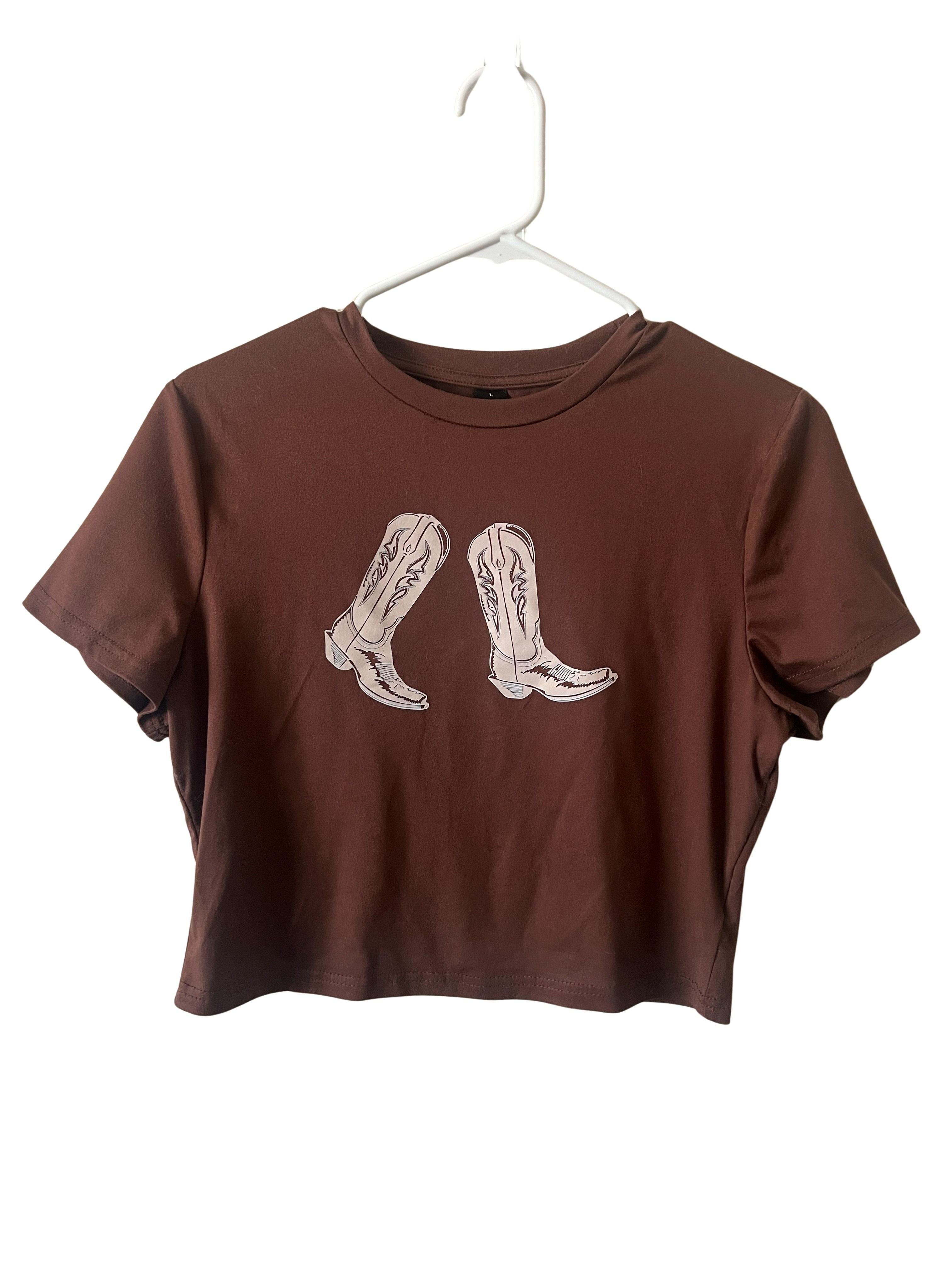 Brown Cropped T-Shirt with Cowboy Boots Graphic - Size L