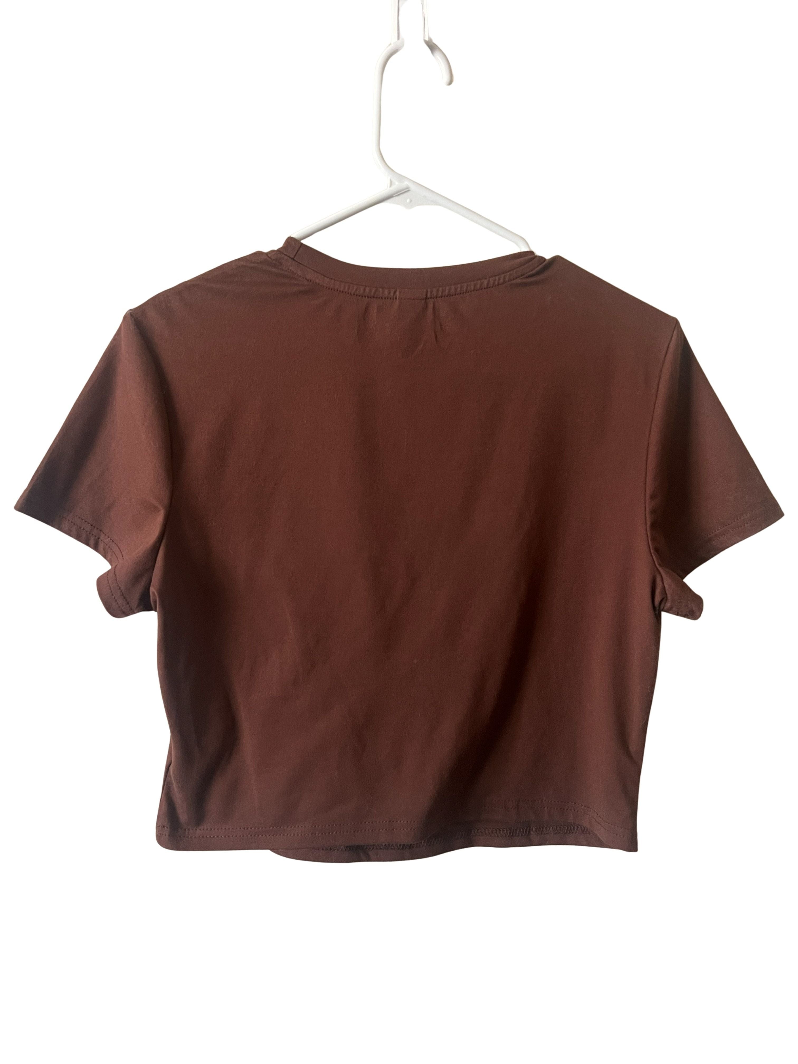 Brown Cropped T-Shirt with Cowboy Boots Graphic - Size L