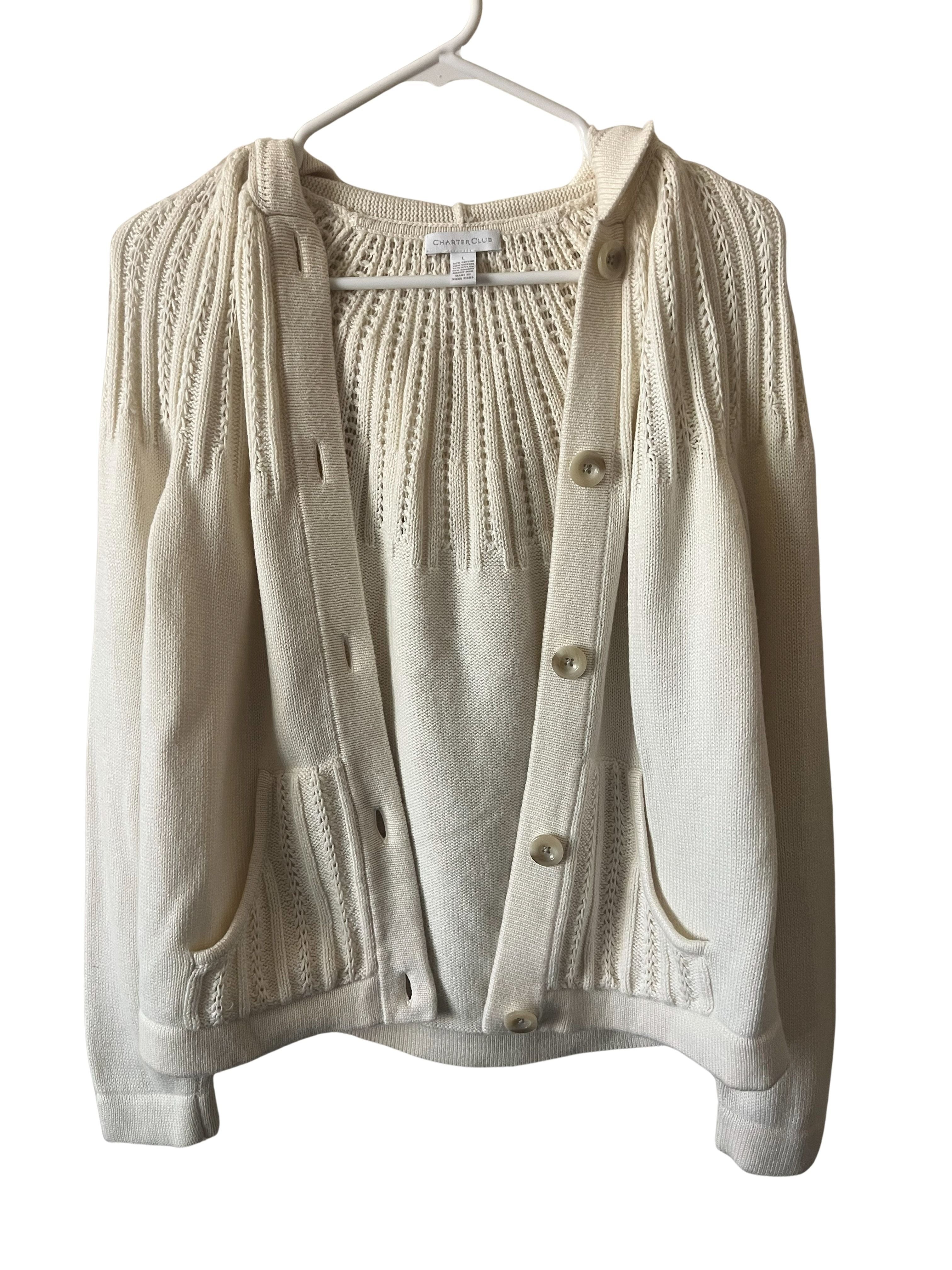 Charter Club Ivory Hooded Cardigan Sweater Women's L