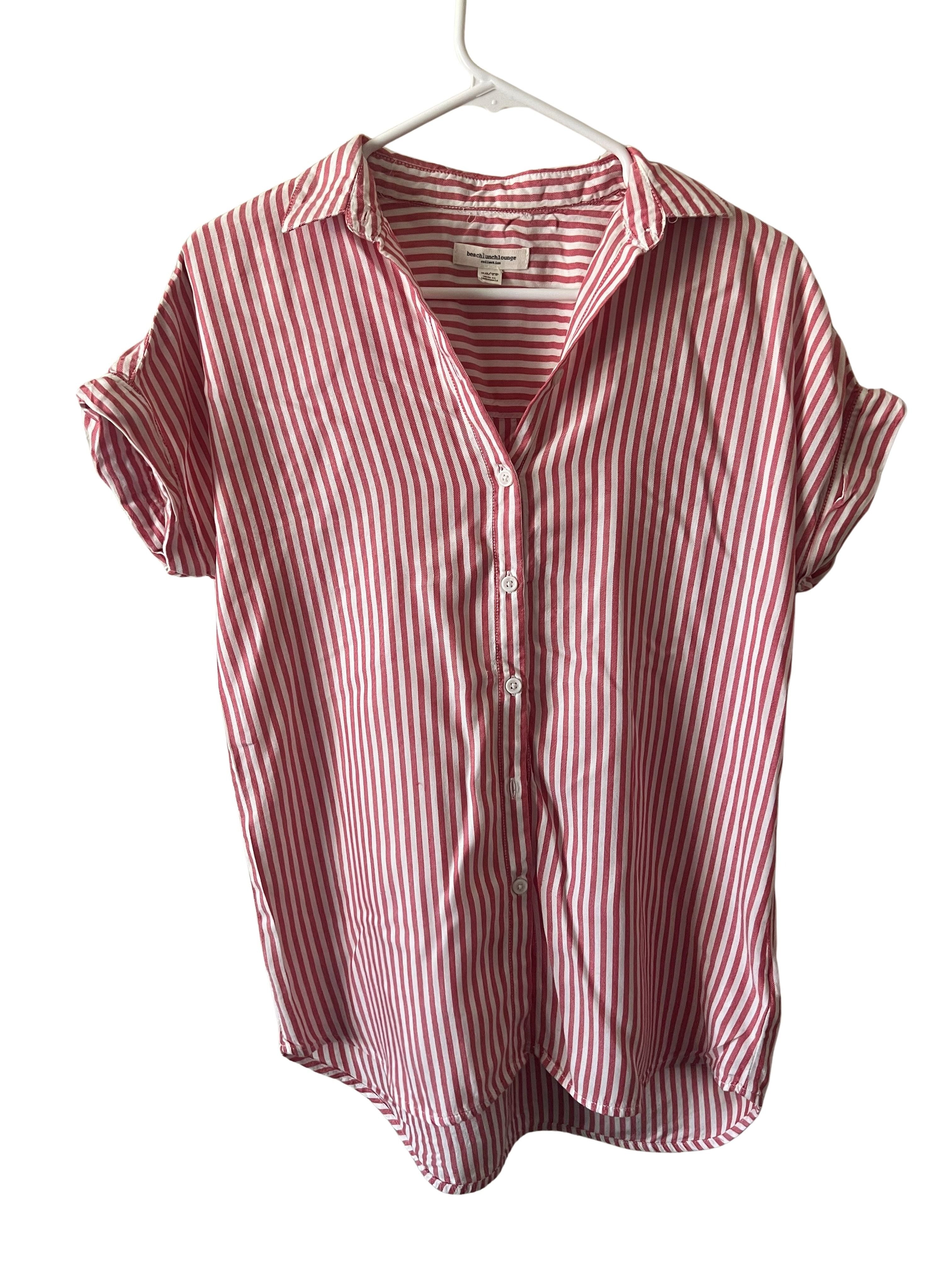 Beachlunchlounge Red & White Striped Short Sleeve Button-Up Top XS