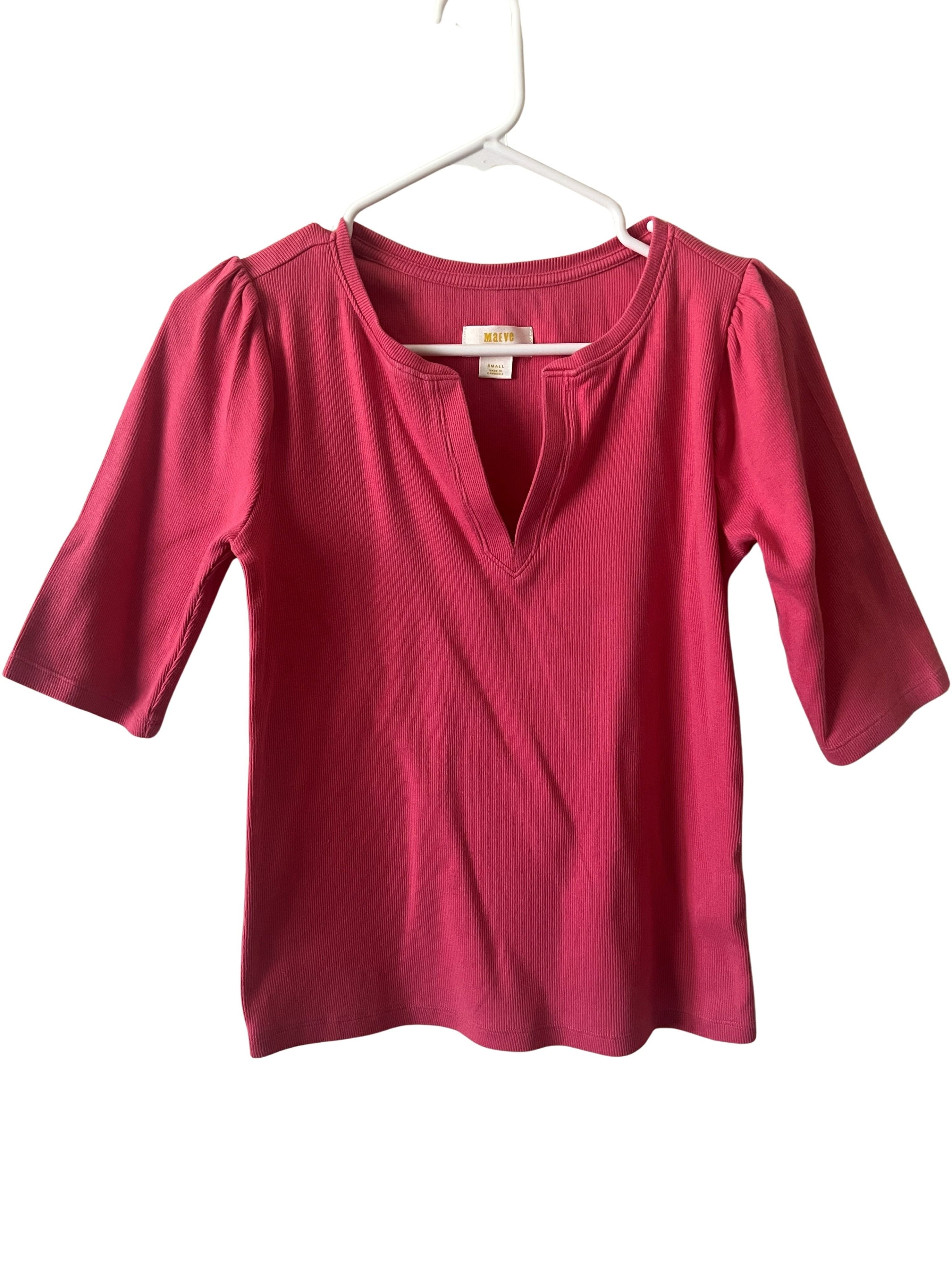 Maeve Pink Ribbed Notch V-Neck Top Size Small