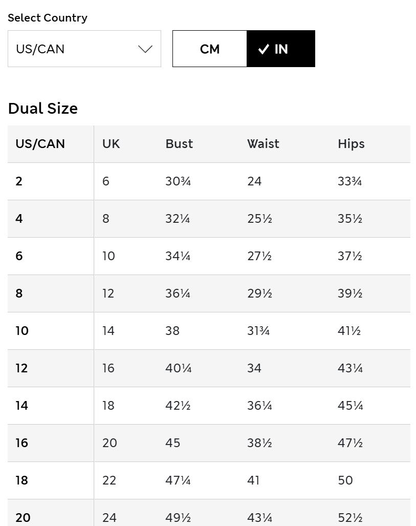 A size chart table showing conversion measurements from US/CAN to UK for dual-size apparel, with columns for Bust, Waist, and Hips. Selection headers at the top include a country dropdown, a CM/IN size indicator, and a Dual Size label.