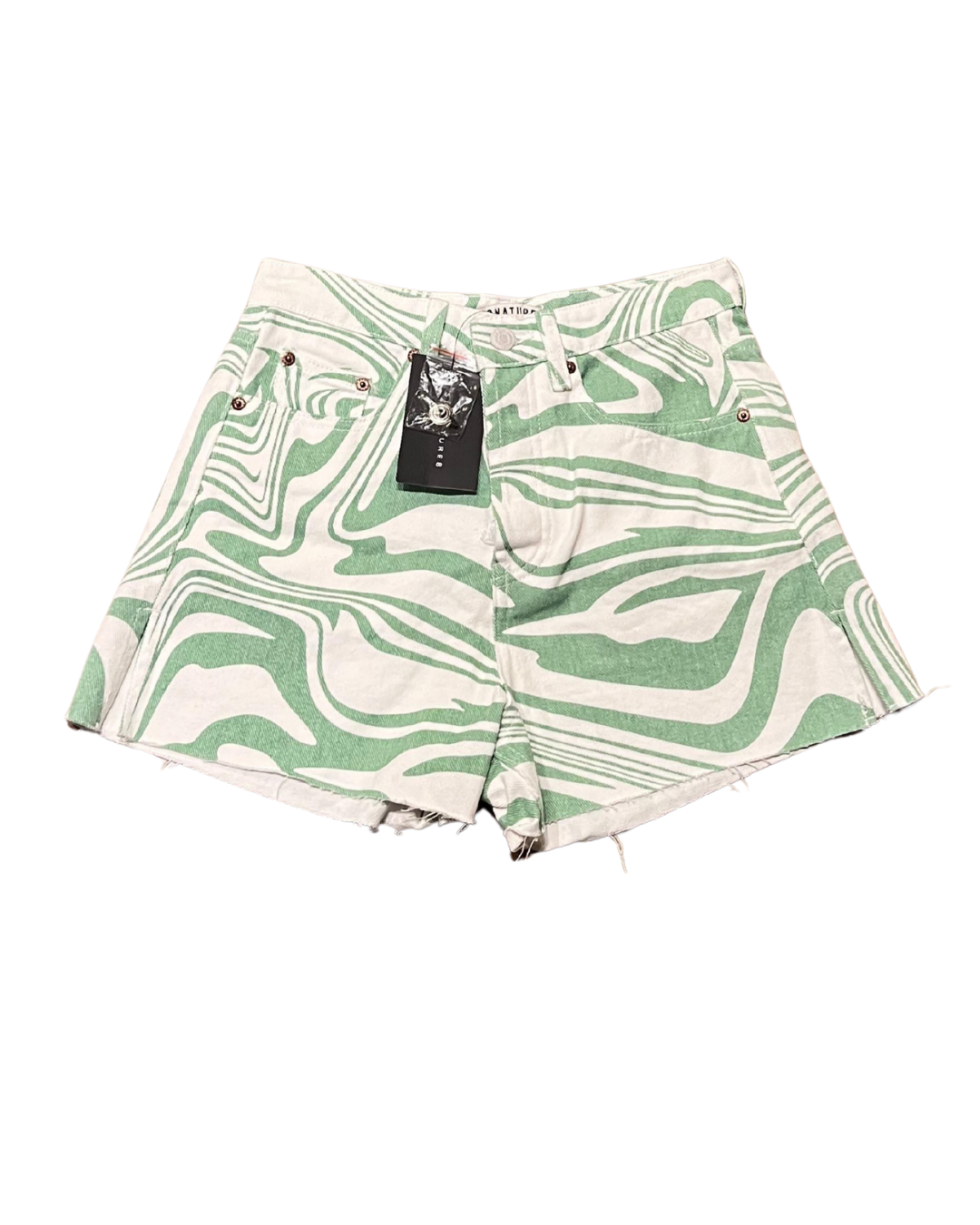 A pair of high-waisted denim shorts featuring a green and off-white wavy, fluid pattern, laid flat on a white background with a black brand tag attached.