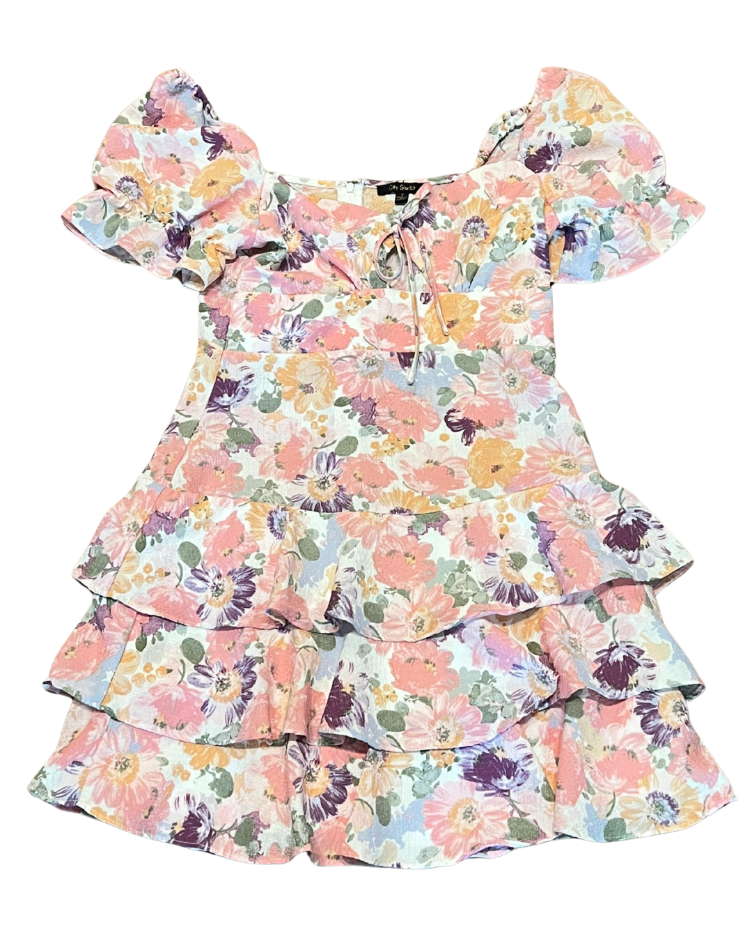 A girls' tiered ruffle dress with a colorful floral print, featuring flutter sleeves and a tie-neck detail, shown against a plain white background.