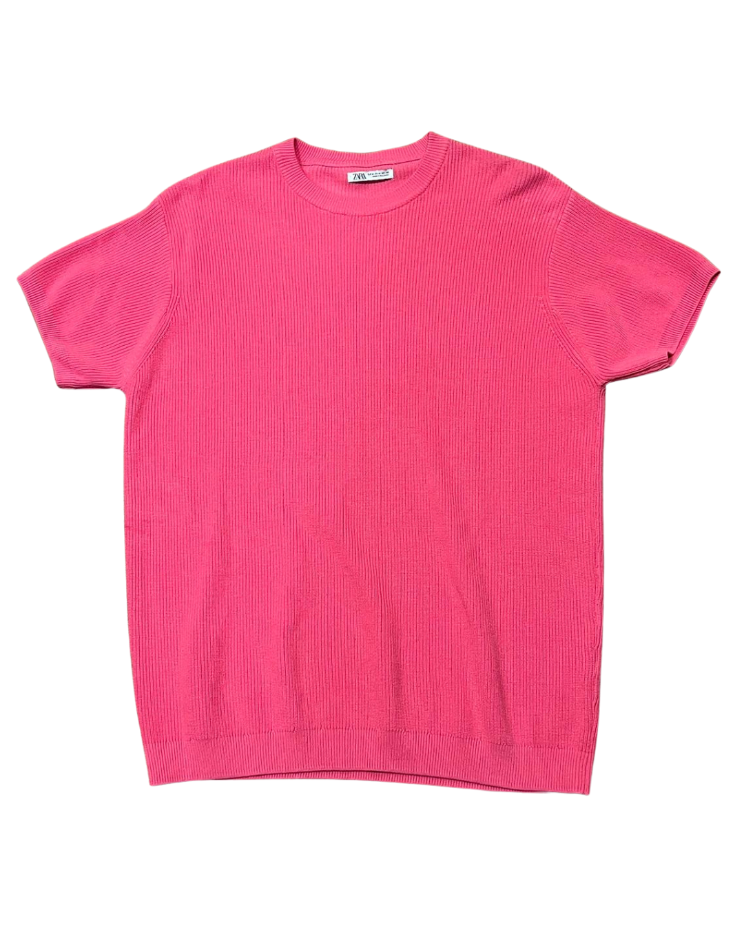 A bright pink short-sleeve ribbed knit t-shirt laid flat against a solid white background.